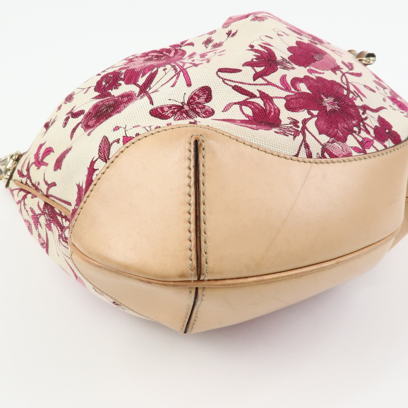 GUCCI Bamboo Flora Canvas Leather 2Way Shoulder Bag Pink 169976