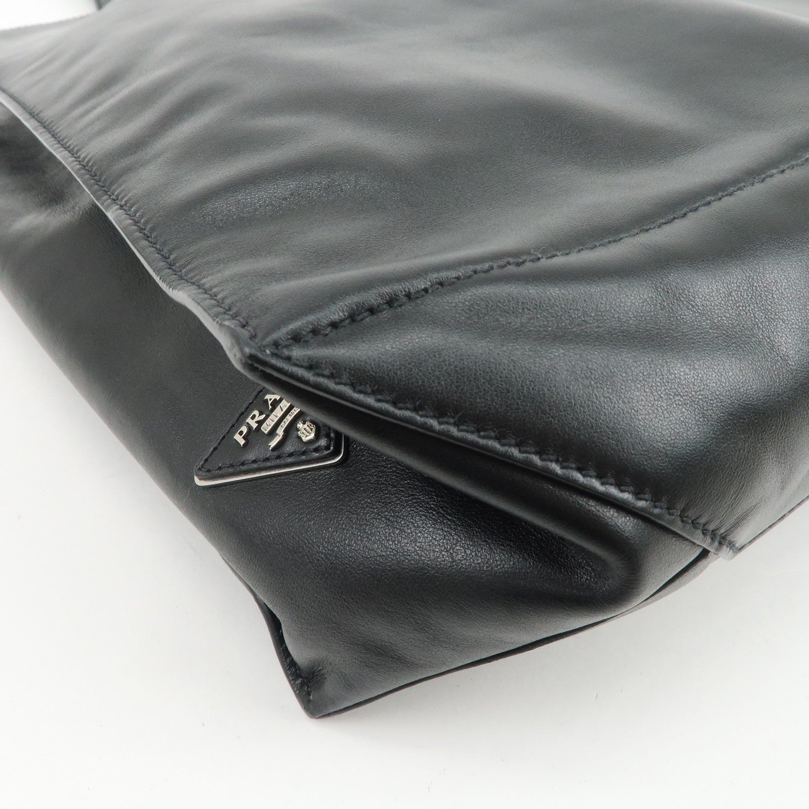 PRADA Triangle Logo Leather Tote Bag Hand Bag Black 1BG002