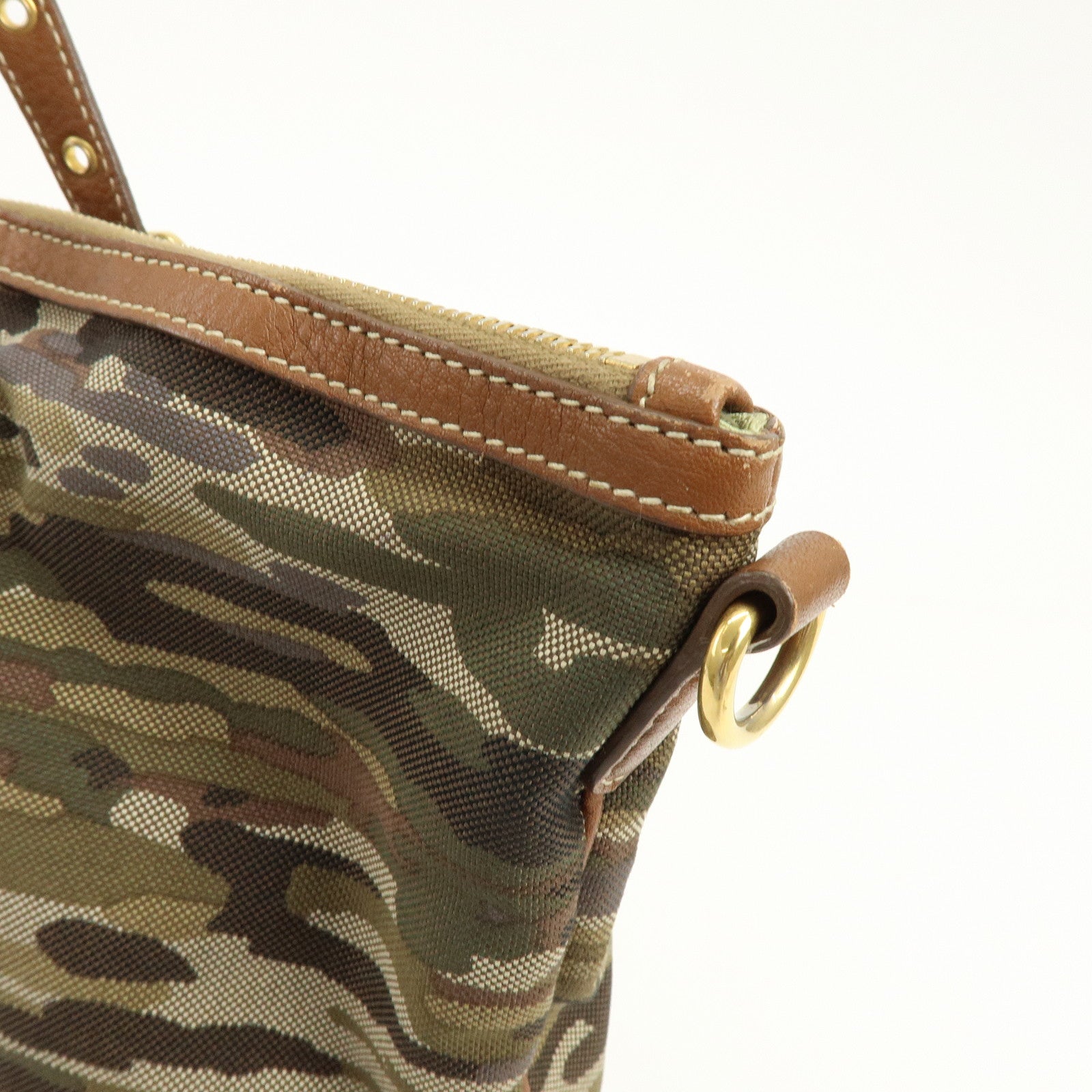 PRADA Canvas Leather Tote Bag Shoulder Bag Camouflage Brown Khaki