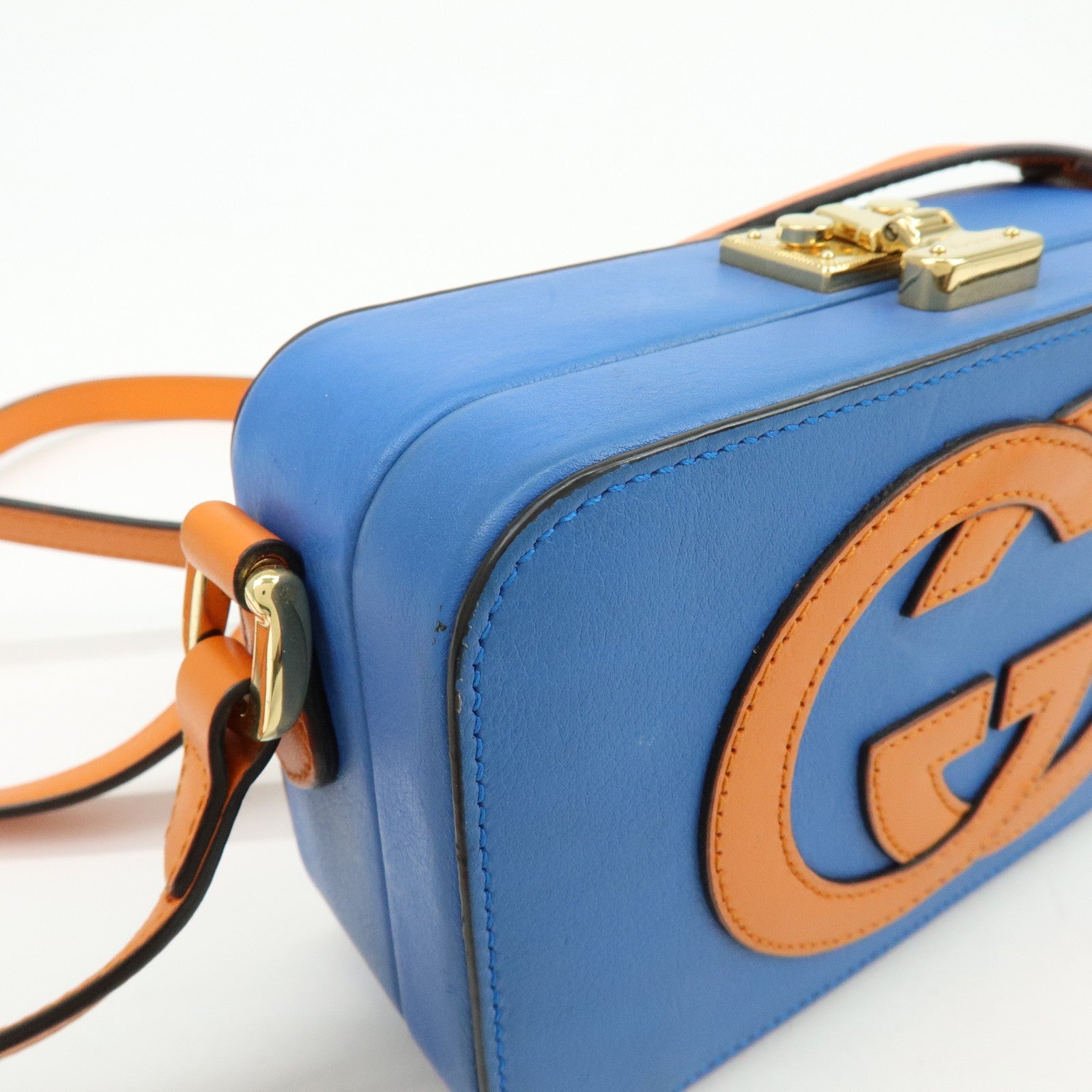 GUCCI Logo Interlocking G Leather Shoulder Bag Blue Orange 658230