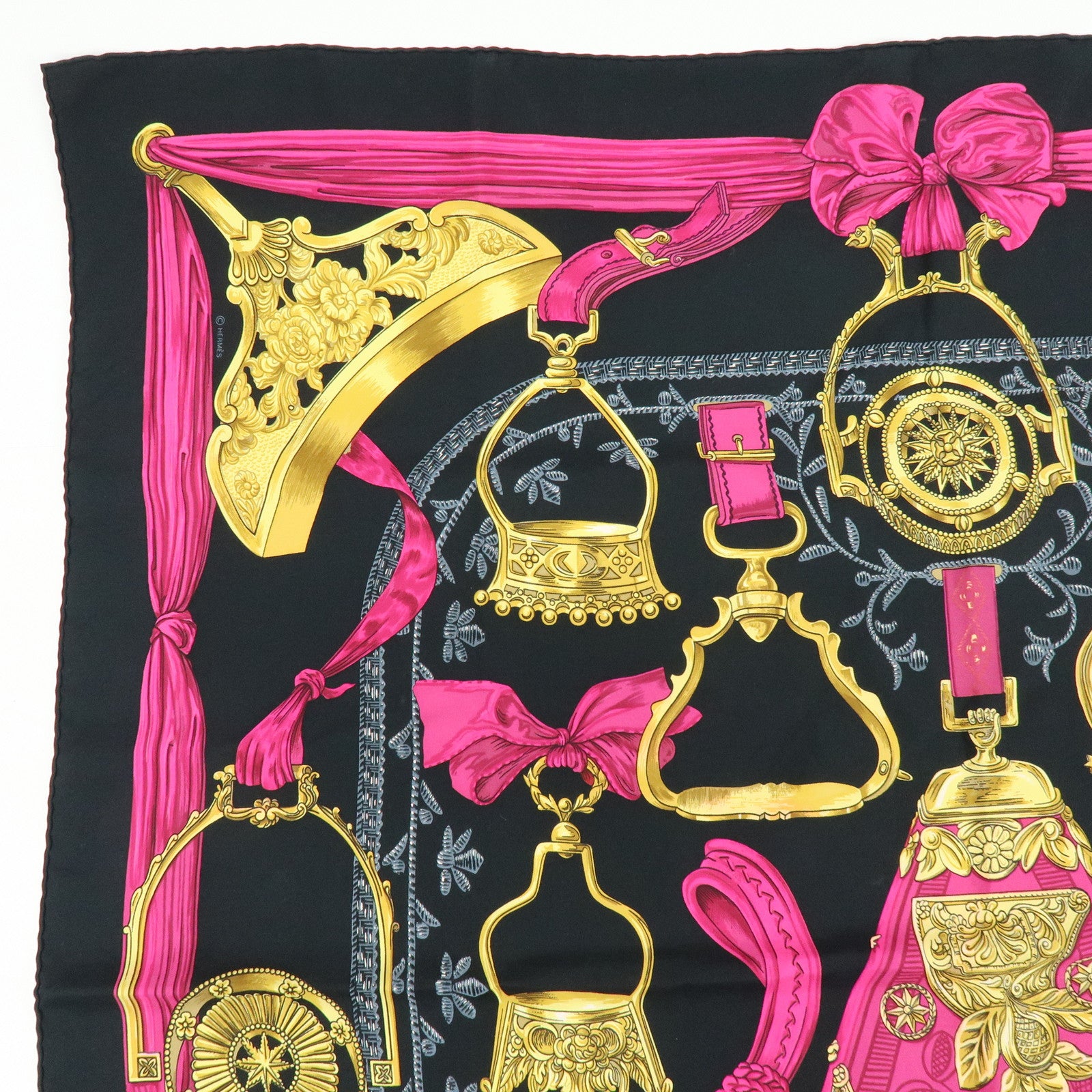 HERMES Carre 90 Silk 100% Scarf ETRIERS Stirrup Print Black Pink