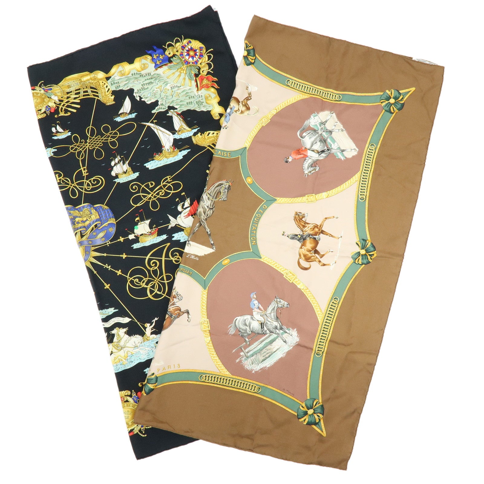 HERMES Carre 90 Set of 2 Silk 100% Scarf Black Gold Brown