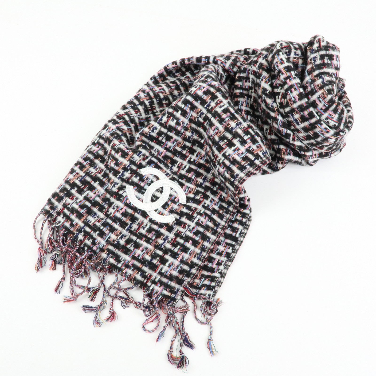 CHANEL COCO Mark Cashmere Silk Scarf Multicolor Black White