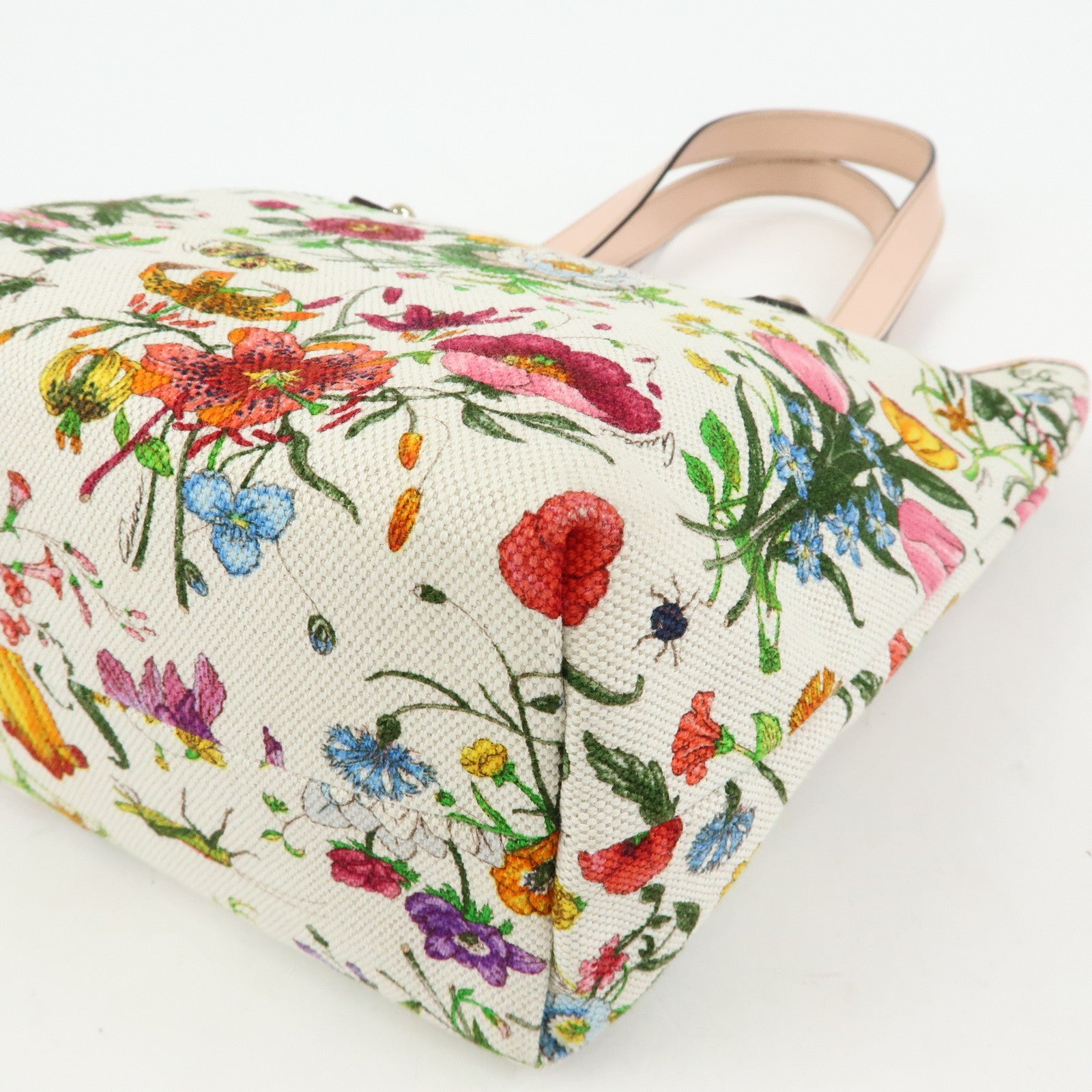 GUCCI Flora Flower Motif Canvas Leather Tote Bag White Pink 240018
