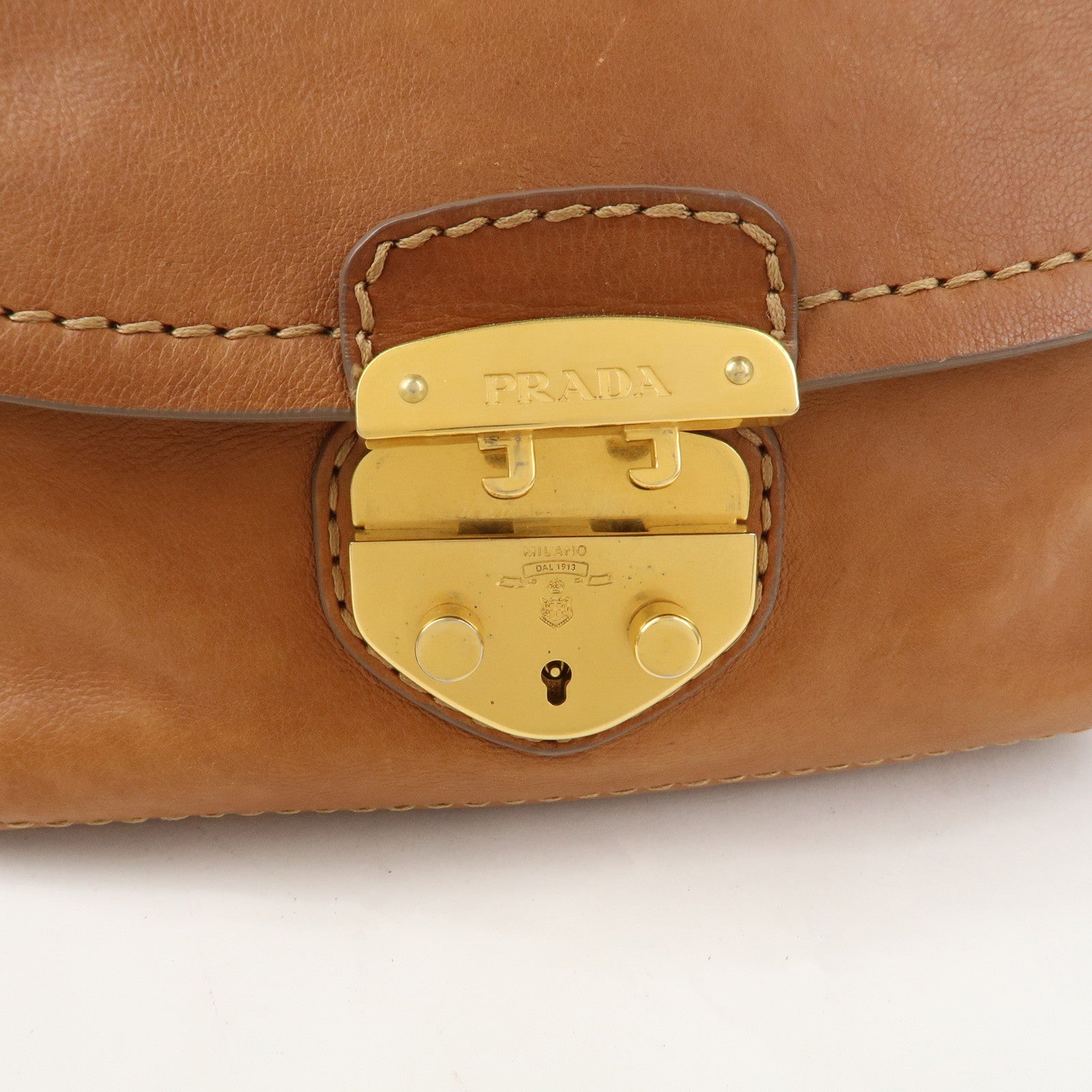 PRADA Logo Leather Chain Shoulder Bag Crossbody Bag Camel