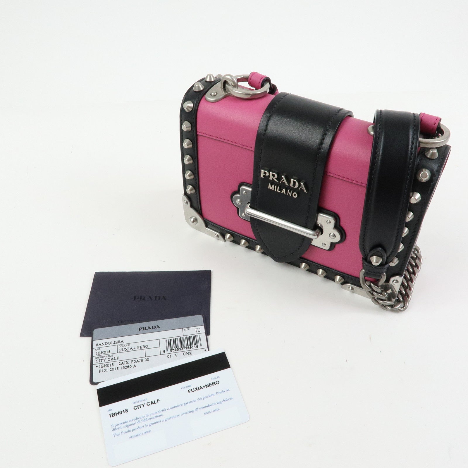 PRADA Cahier Calf Leather Studs Shoulder Bag Pink Black 1BH018