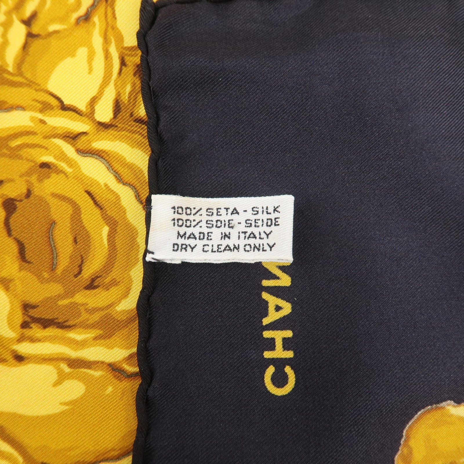 CHANEL Silk 100% Flower Chain Print Scarf Black Gold