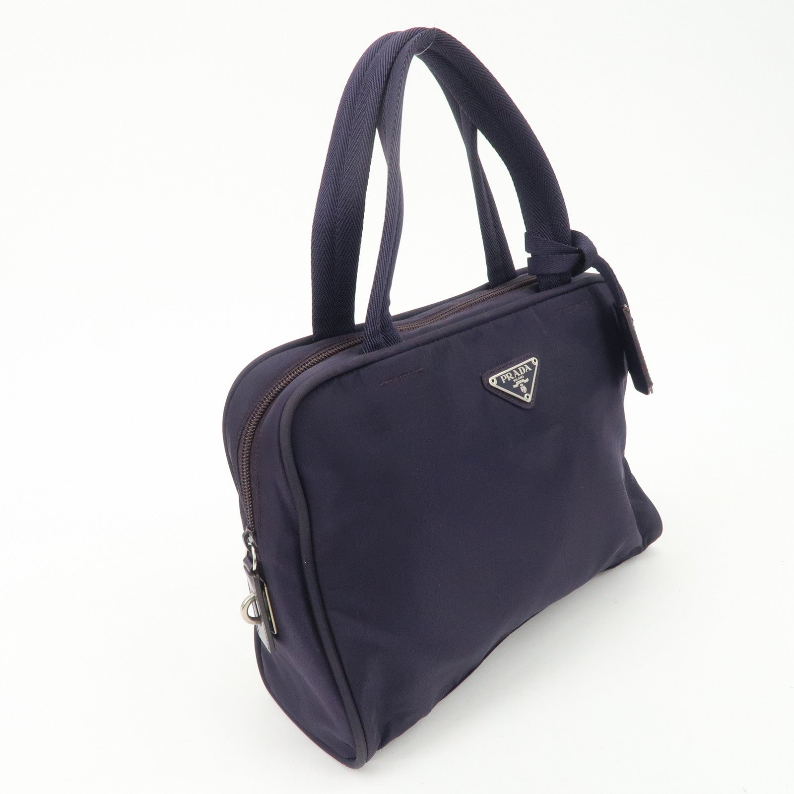 PRADA Triangle Logo Leather Nylon Hand Bag Purple B8495