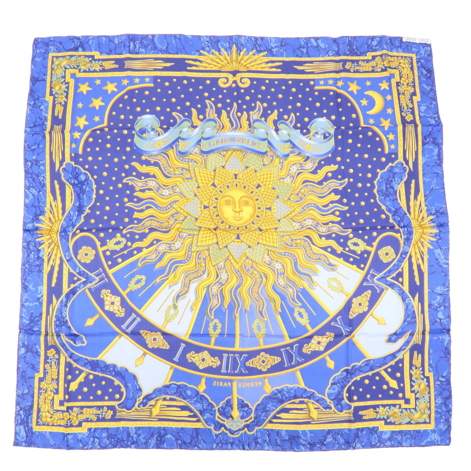 HERMES Carre 90 Silk 100% Scarf CARPE DIEM Blue Yellow