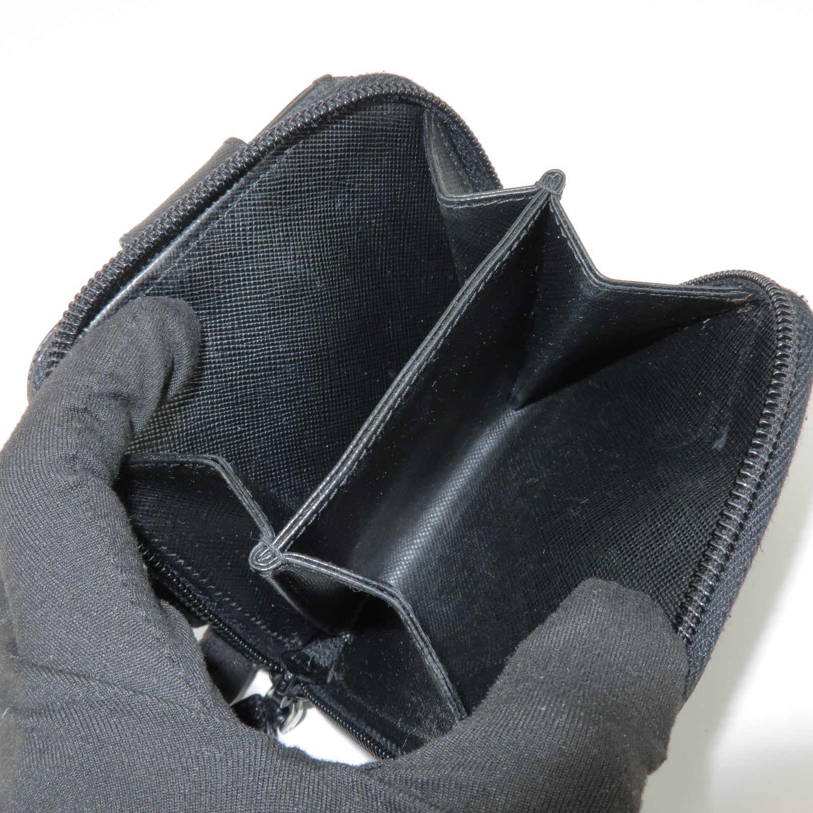 PRADA Logo Leather Round Zippy Bi-fold Wallet Black 1ML522