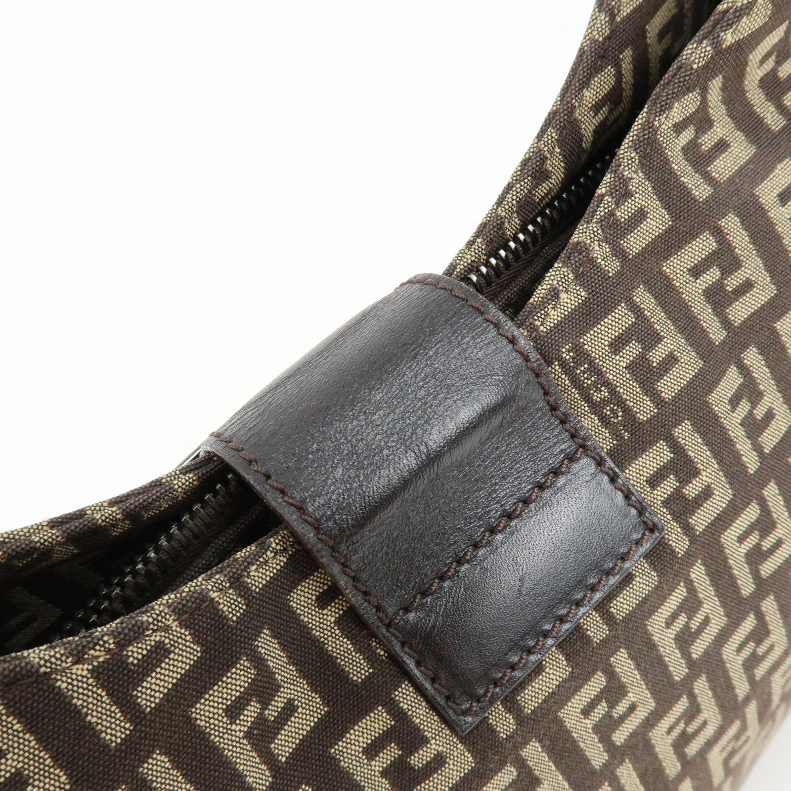 FENDI Zucchino Canvas Leather Shoulder Bag Brown 8BR036