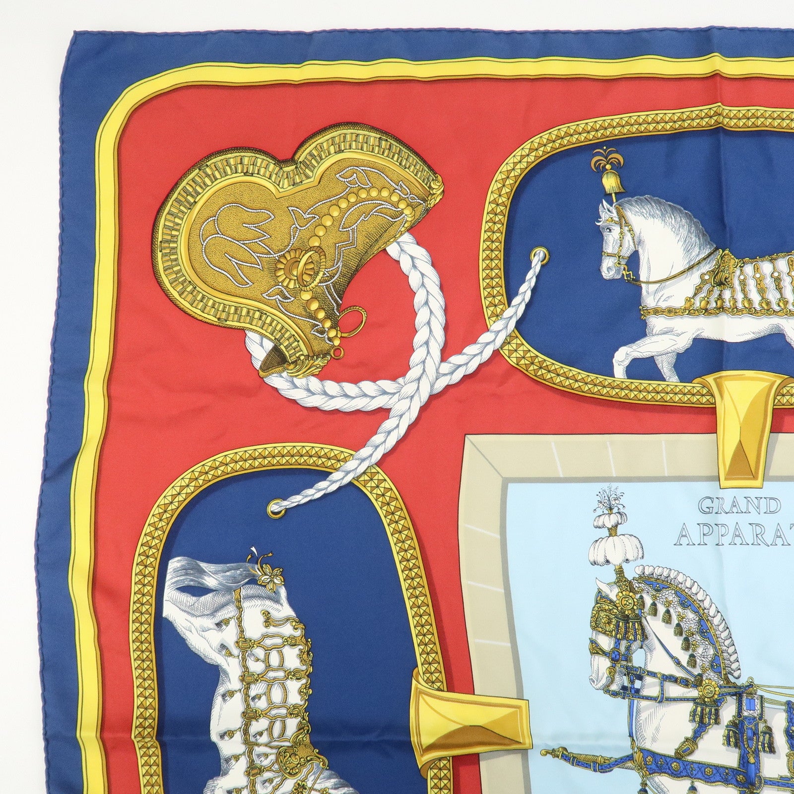 HERMES Carre 90 Silk 100% Scarf GRAND APPARAT Red Navy