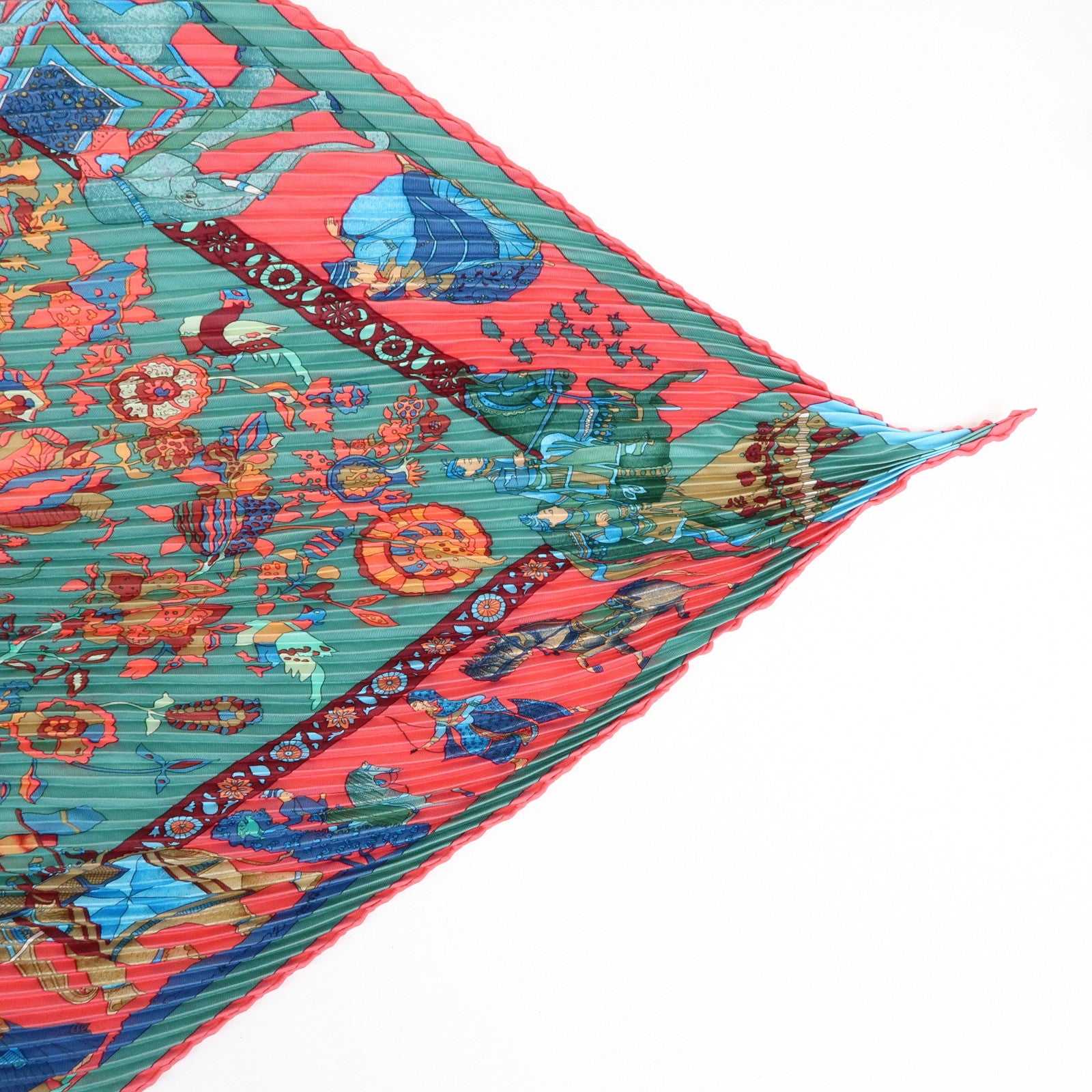 HERMES Pleated Carre 90 Set of 2 Silk 100% Scarf Green Pink
