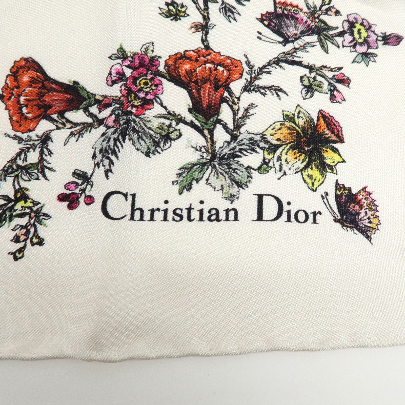 Christian Dior Flower Motif Silk 100% Scarf Ivory Multicolor