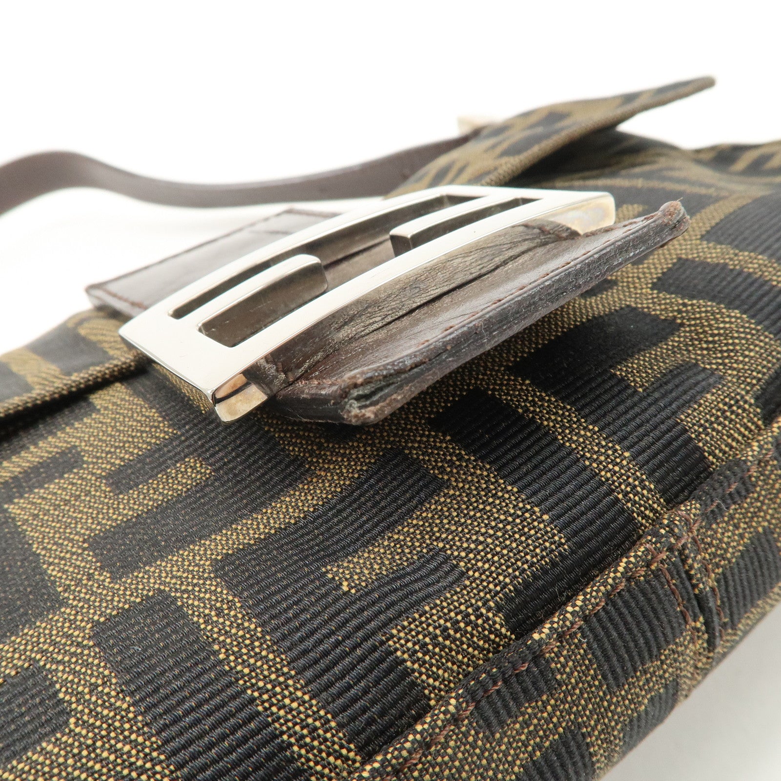 FENDI Mamma Baguette Zucca Canvas Leather Shoulder Bag Black Brown 26424