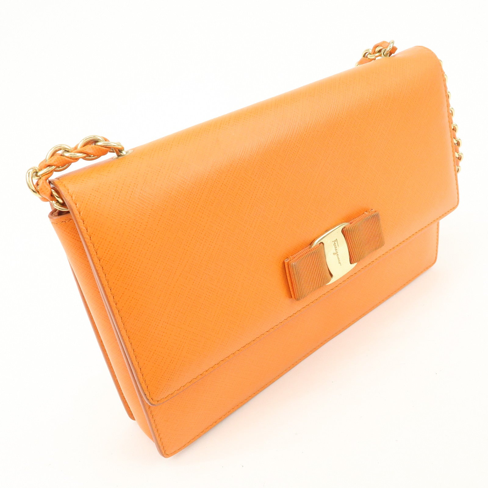 Ferragamo Vara Ribbon Leather Chain Shoulder Bag Hand Bag Orange
