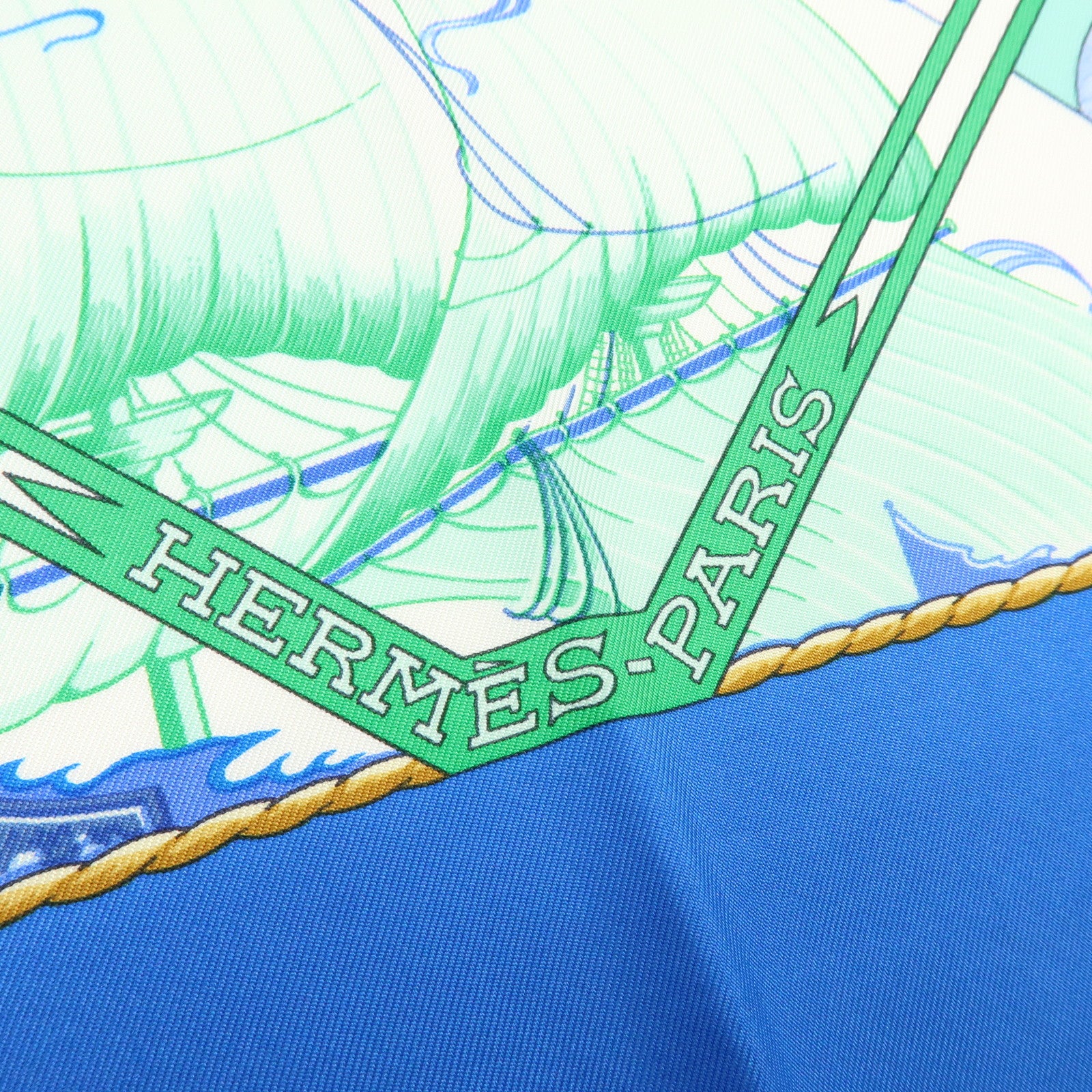 HERMES Carre 90 Silk 100% Scarf Au-dela des cinq mers Blue Green