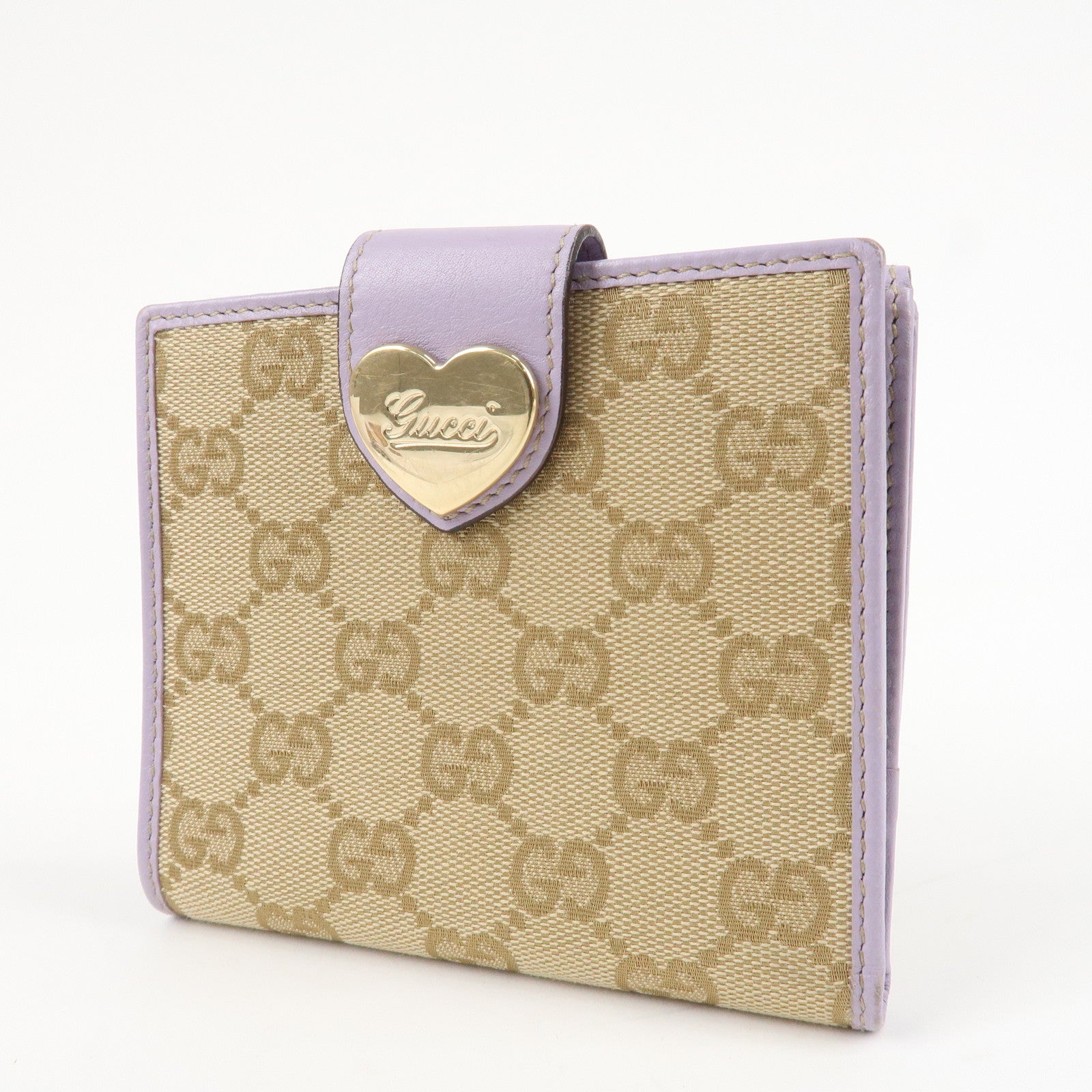 GUCCI Lovely Heart GG Canvas Leather W Hook Bi-Fold Wallet 203549 Used