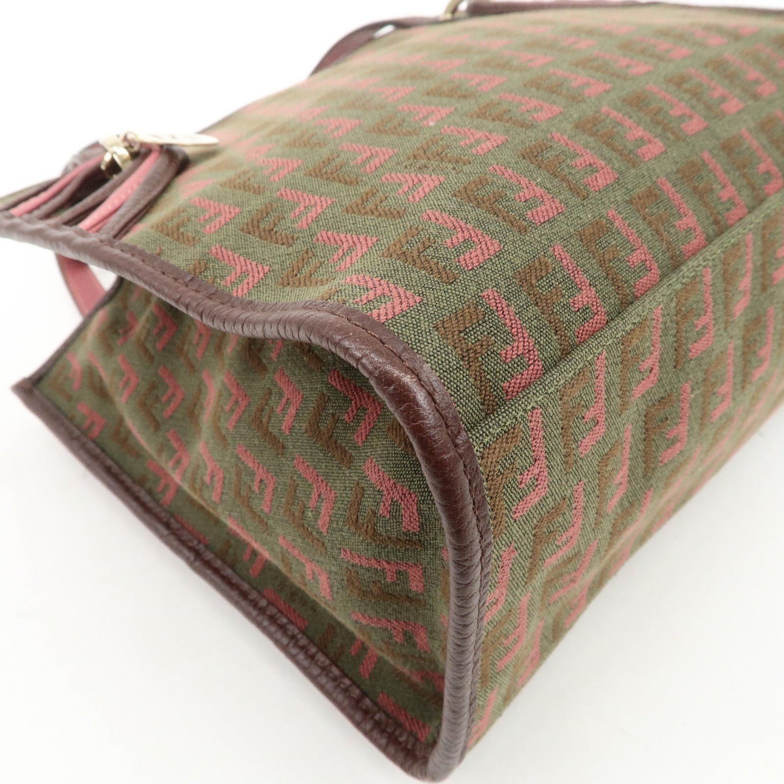 FENDI Zucchino Leather Canvas Hand Bag Khaki Bordeaux