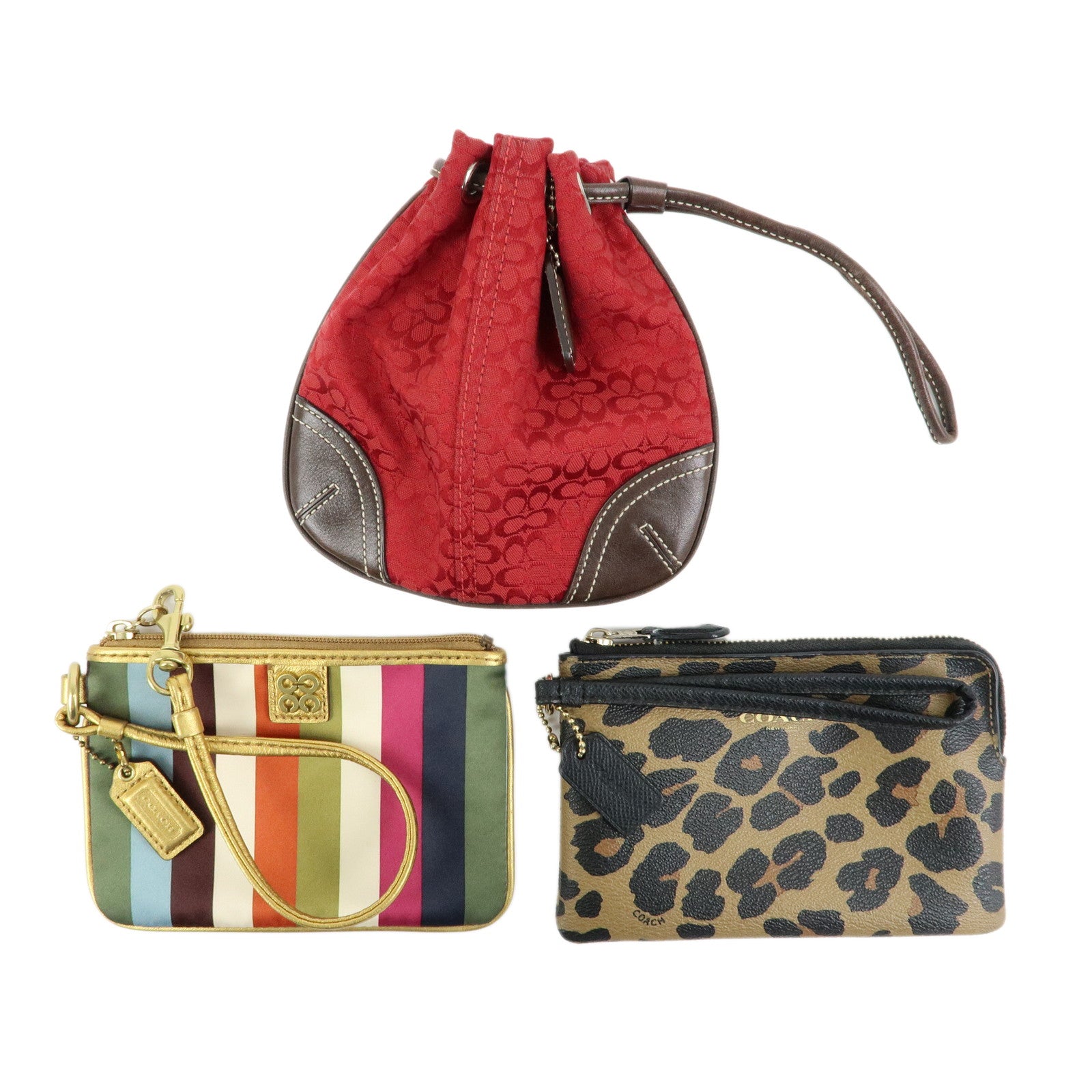 COACH Signature Set of 3 Pouch Cosmetic Case Red Brown Multicolor