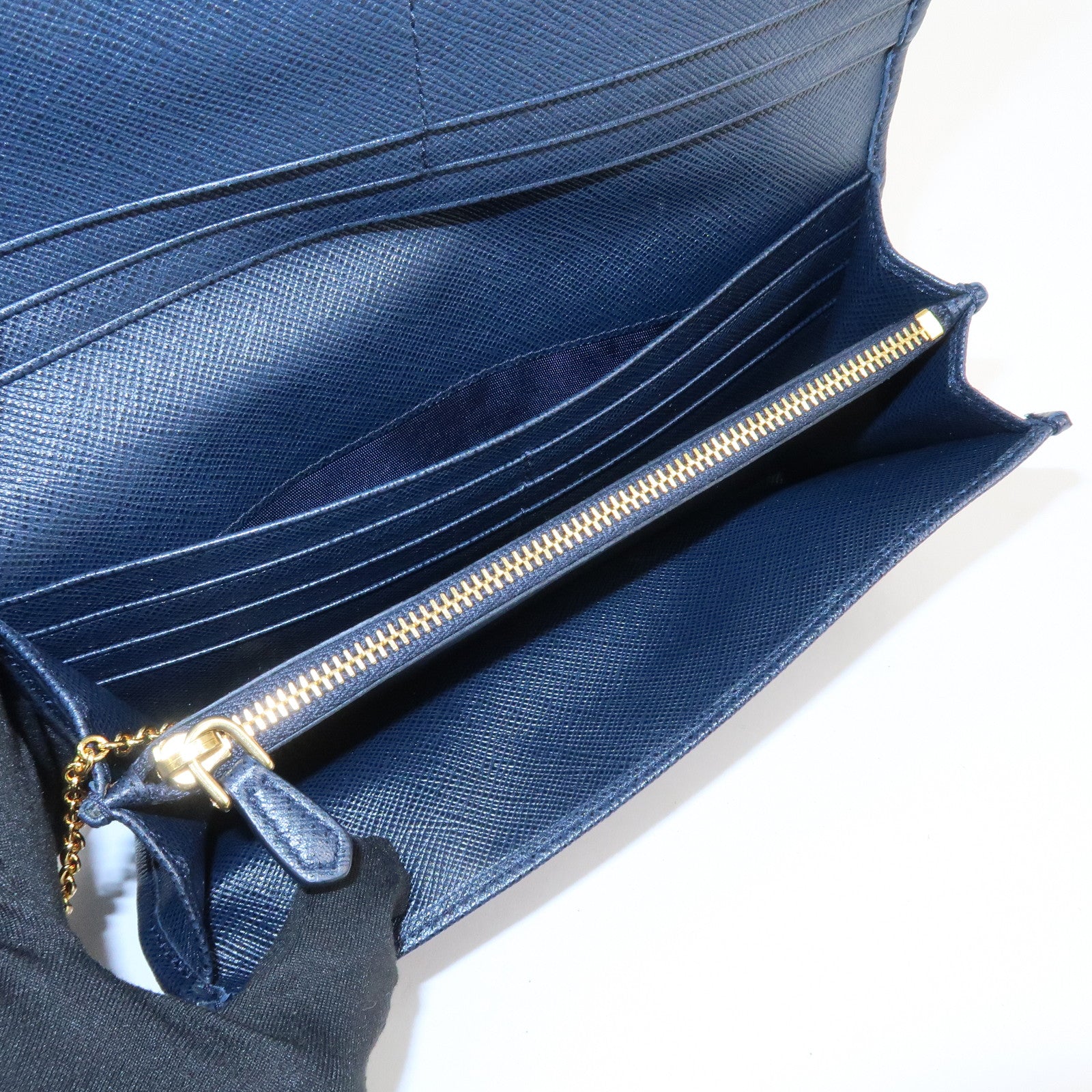 PRADA Triangle Logo Nylon Leather Bi-fold Long Wallet Navy 1MH132 Used