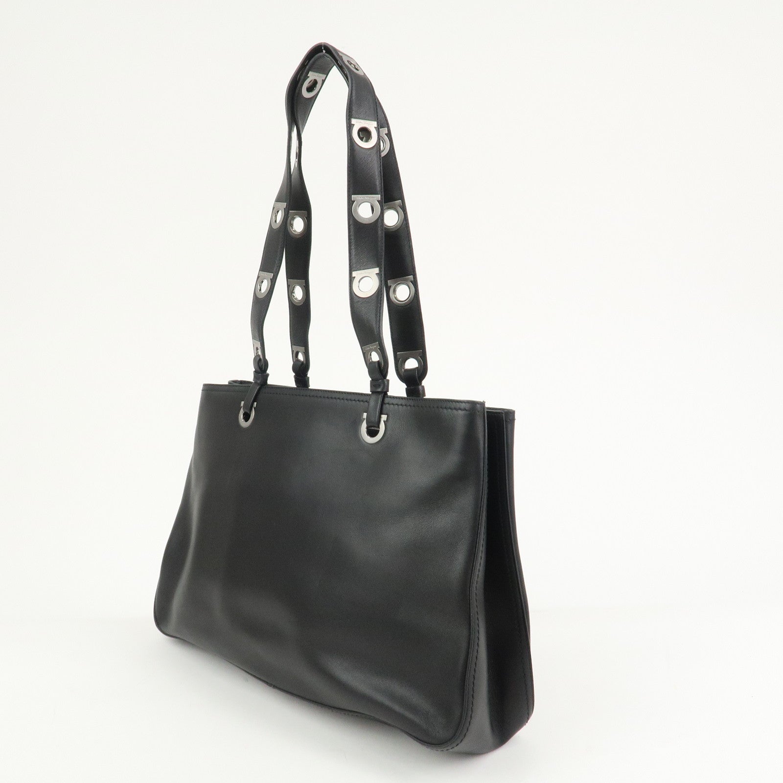 Ferragamo Gancini Leather Tote Bag Shoulder Bag Black