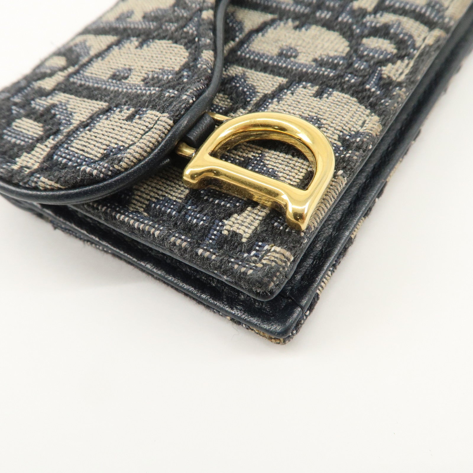 Christian Dior Oblique Canvas Leather Saddle Card Case Beige Navy Used