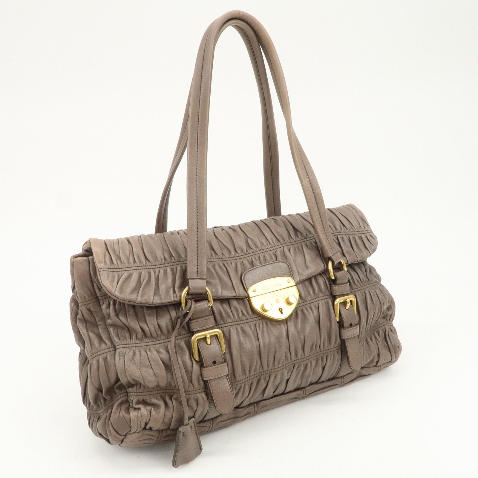 PRADA Logo Nappa Gaufre Leather Shoulder Bag Greige BR4443