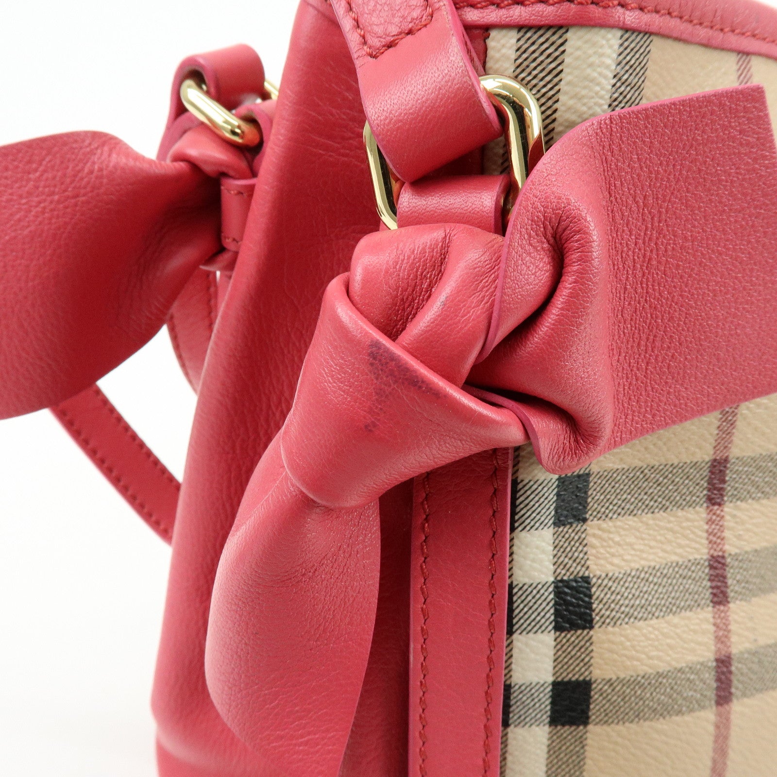 BURBERRY Side Ribbon PVC Leather Hand Bag Nova Plaid Brown Pink