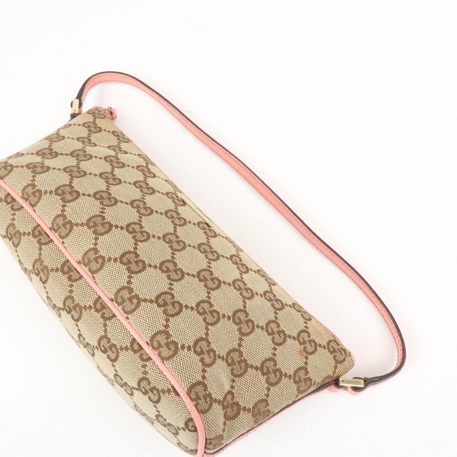 GUCCI Boat Bag GG Monogram Canvas Leather Hand Bag Beige Pink 07198