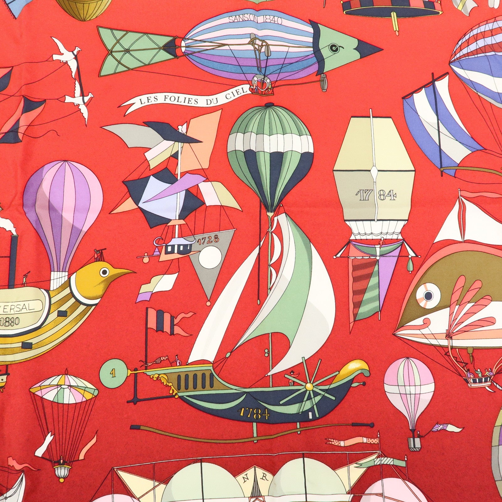 HERMES Carre 90 Silk 100% LES FOLIES DU CIEL Scarf Red Wine Red