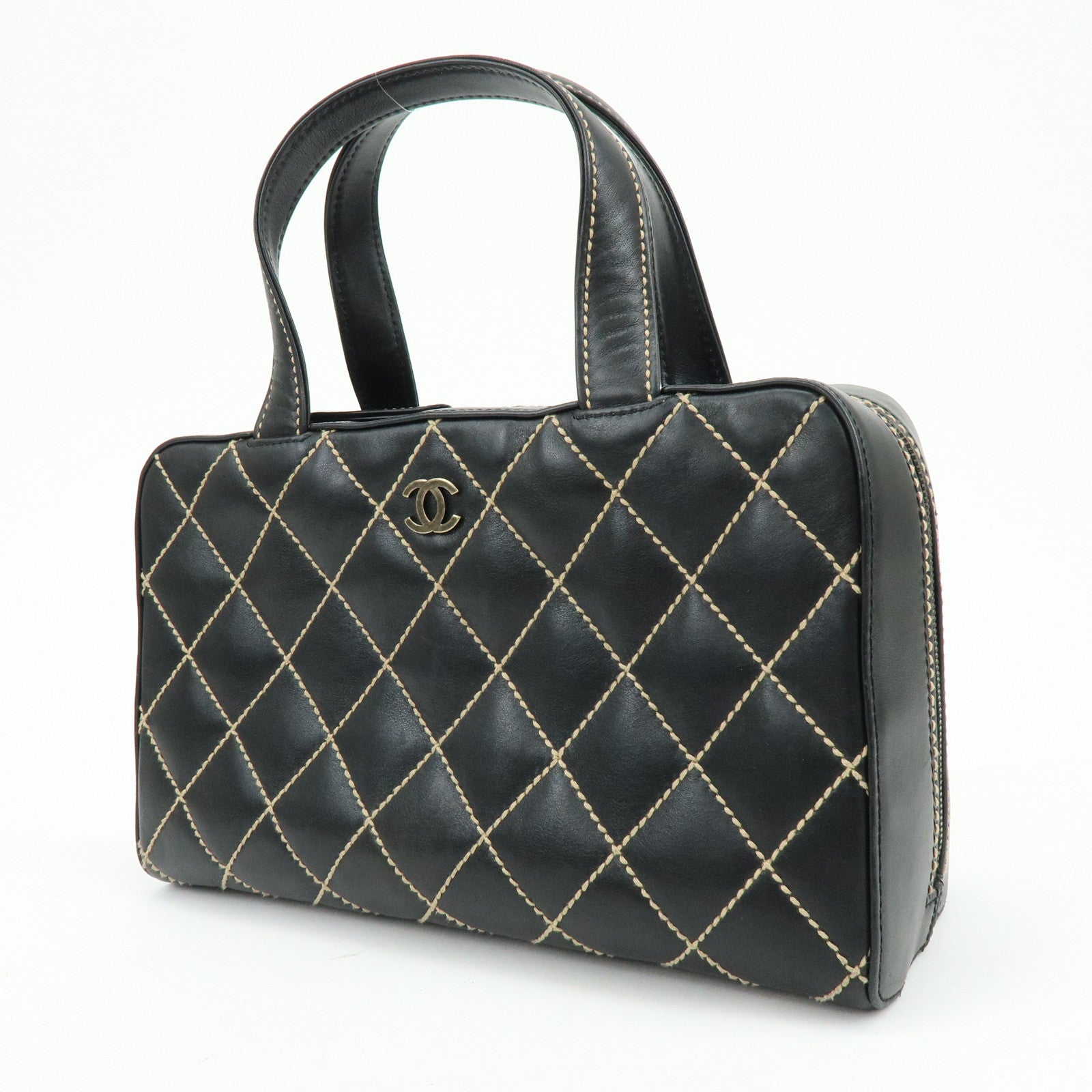 CHANEL Wild Stitch COCO Mark Calf Leather Hand Bag Tote Bag Black