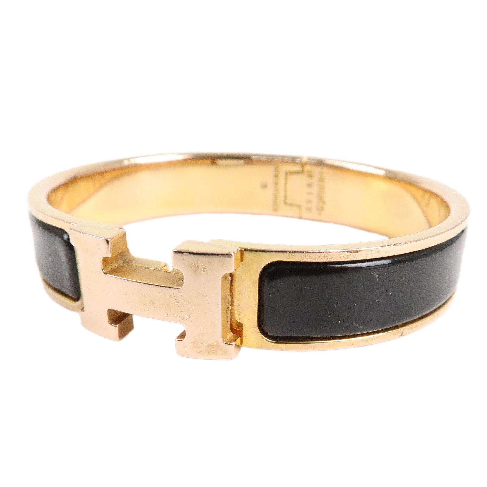 HERMES Clic Clac PM H Logo Bangle Bracelet Gold Black Used