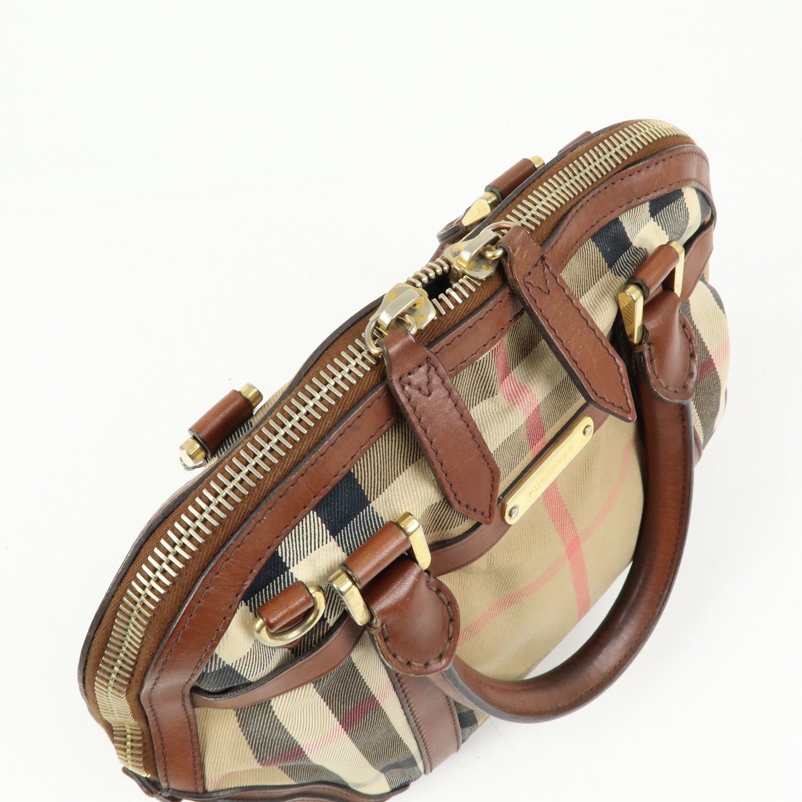 BURBERRY Nova Plaid Canvas Leather Hand Bag Beige Brown