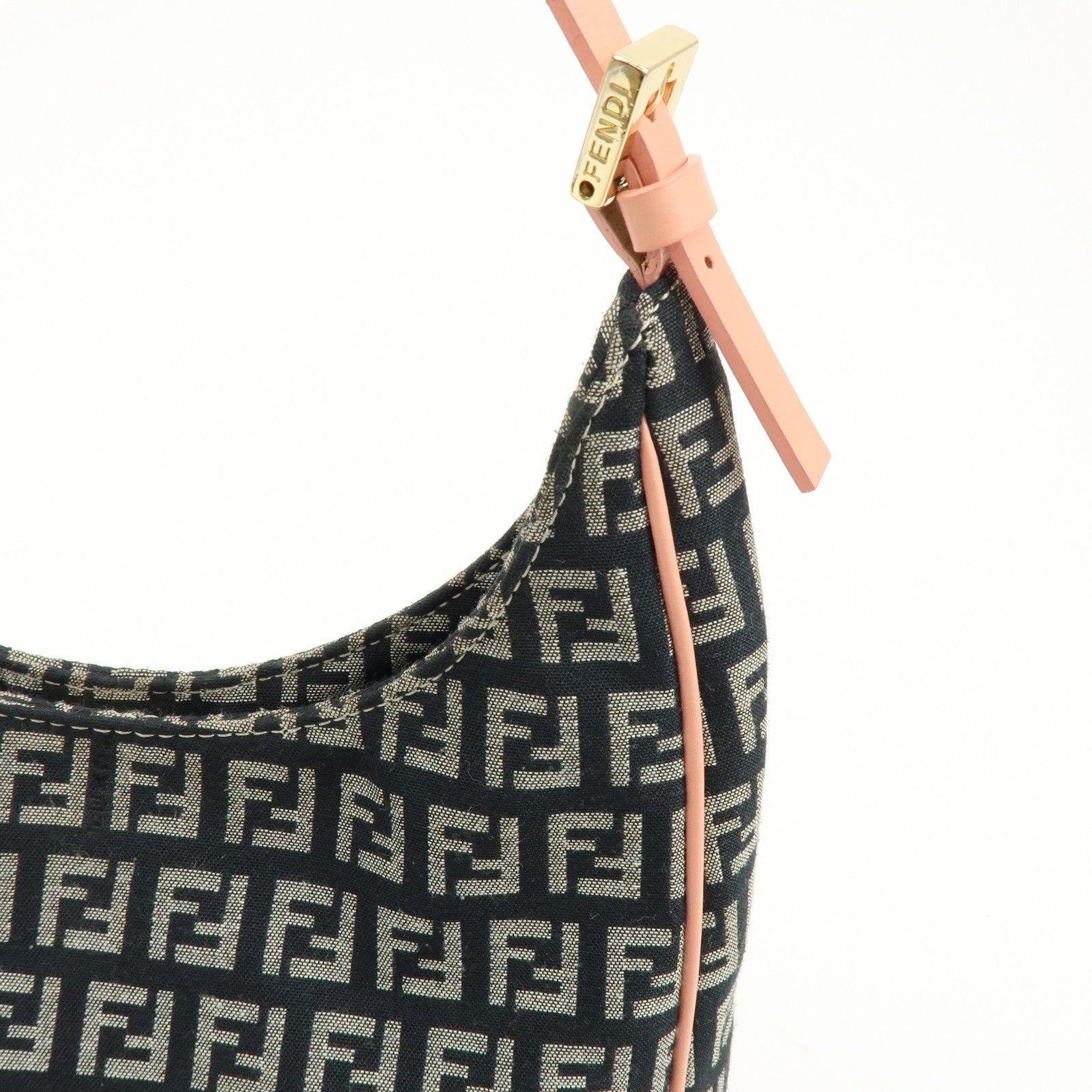 FENDI Zucchino Canvas Leather Hand Shoulder Bag Navy Pink 8BR158