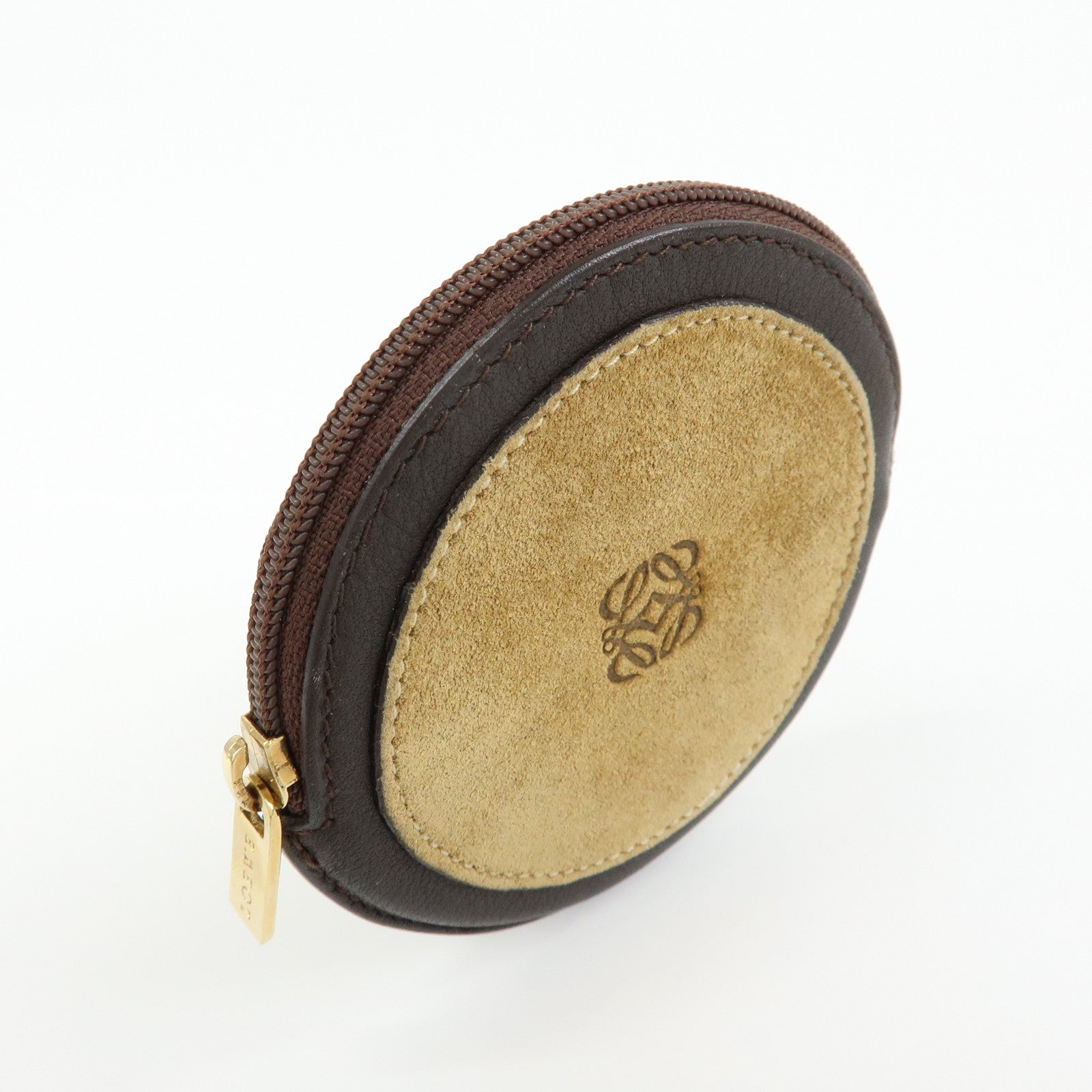 LOEWE Anagram Set of 2 Leather Suede Coin Case Brown Orange