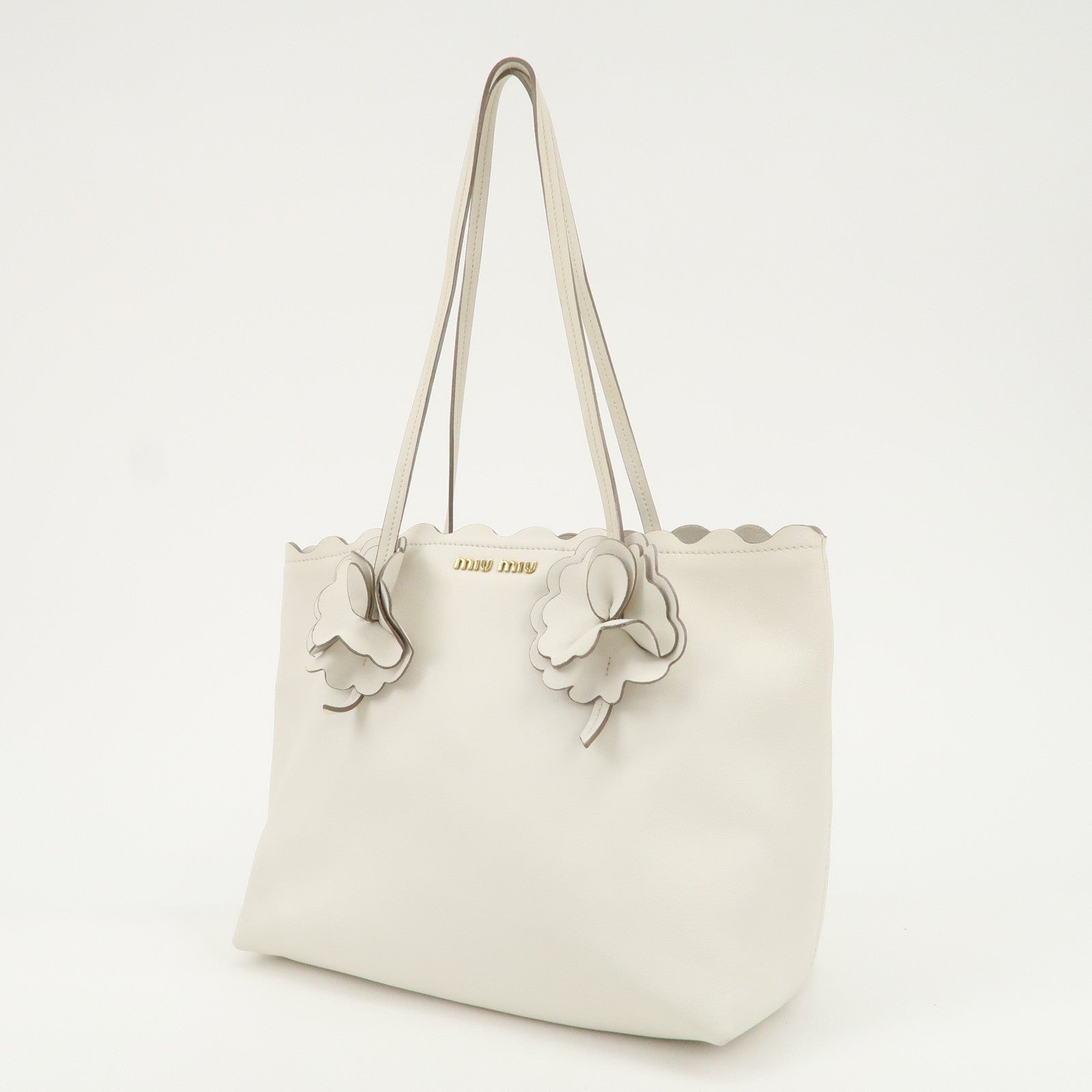 MIU MIU Leather Flower Tote Bag Hand Bag White 5BG054 Used