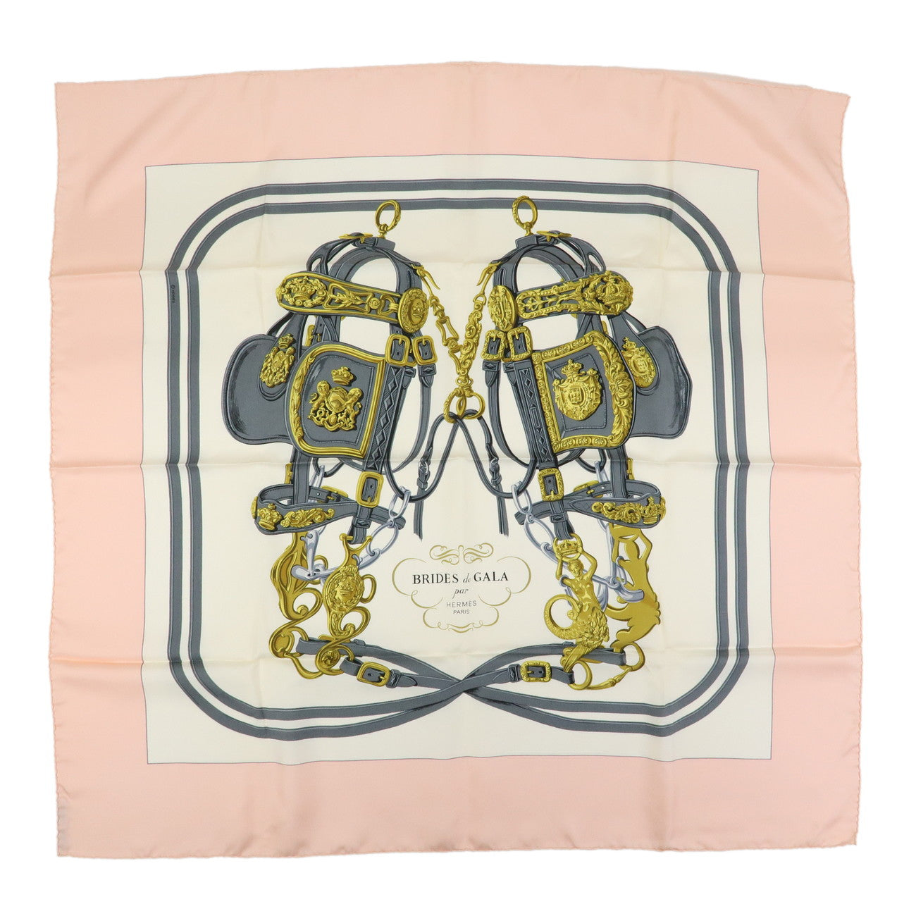HERMES Carre 90 Silk 100% Scarf BRIDES DE GALA Pink White