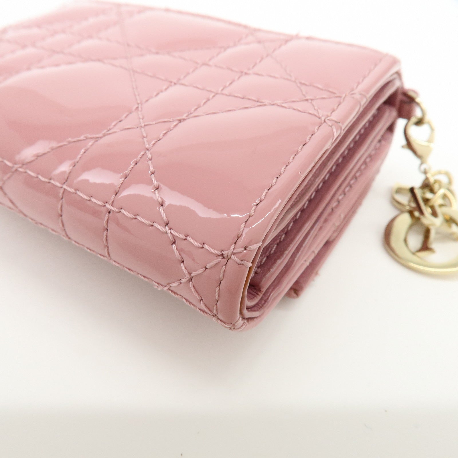 Christian Dior Cannage Patent Leather Bi-fold Compact Wallet Pink