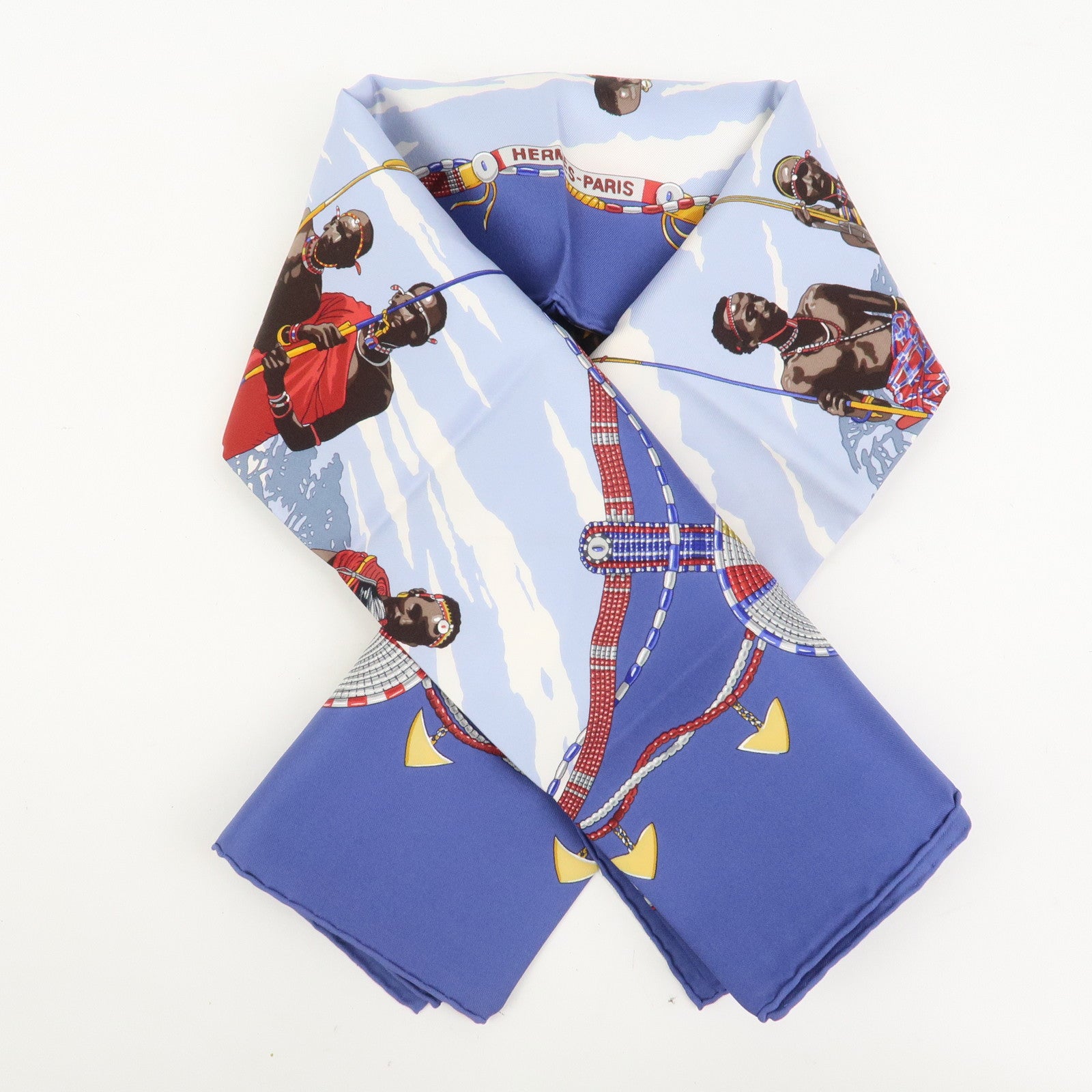 HERMES Carre 90 Silk 100% Scarf PERLES DU KENYA Blue Multicolor