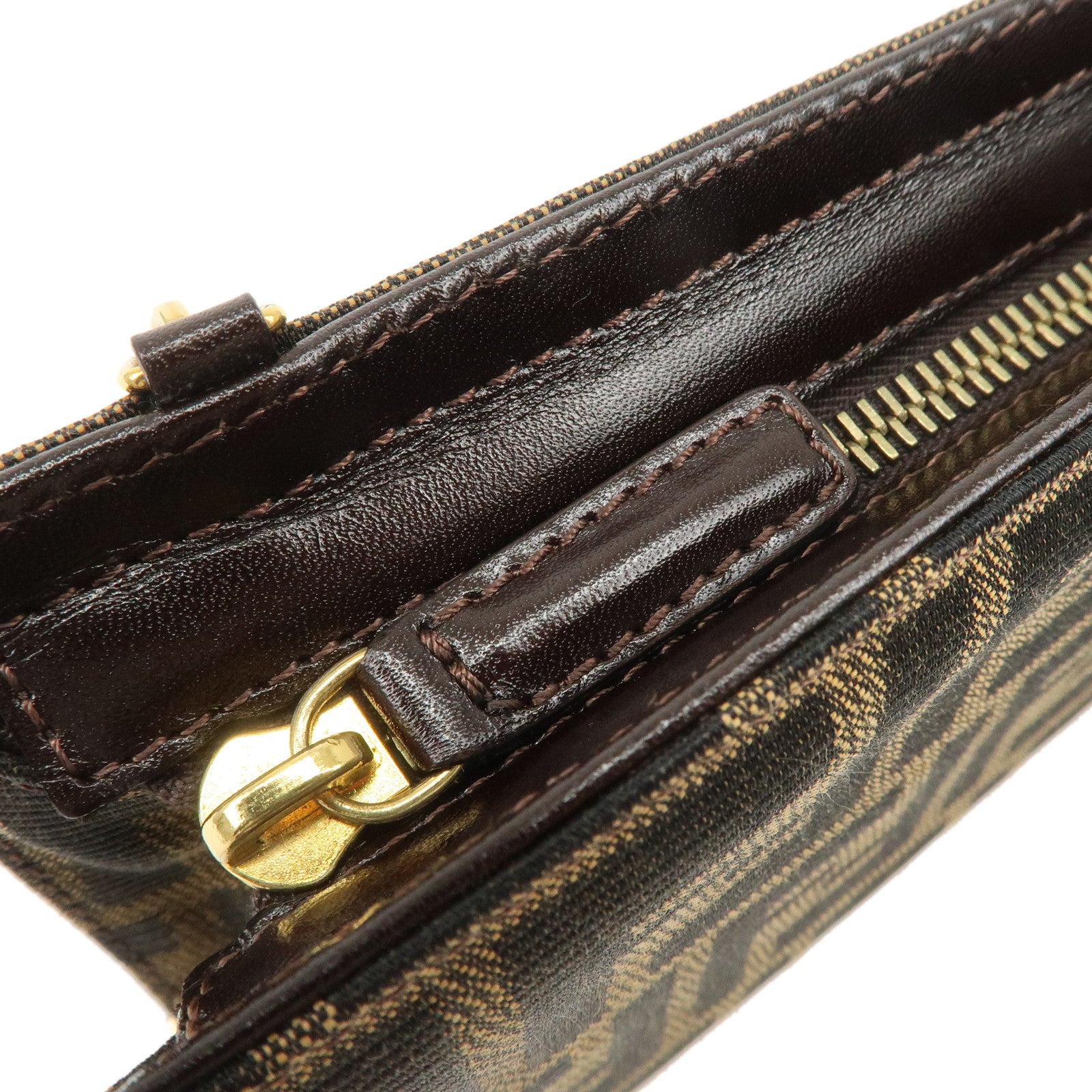 FENDI Zucca Leather Canvas Chain Shoulder Bag Brown