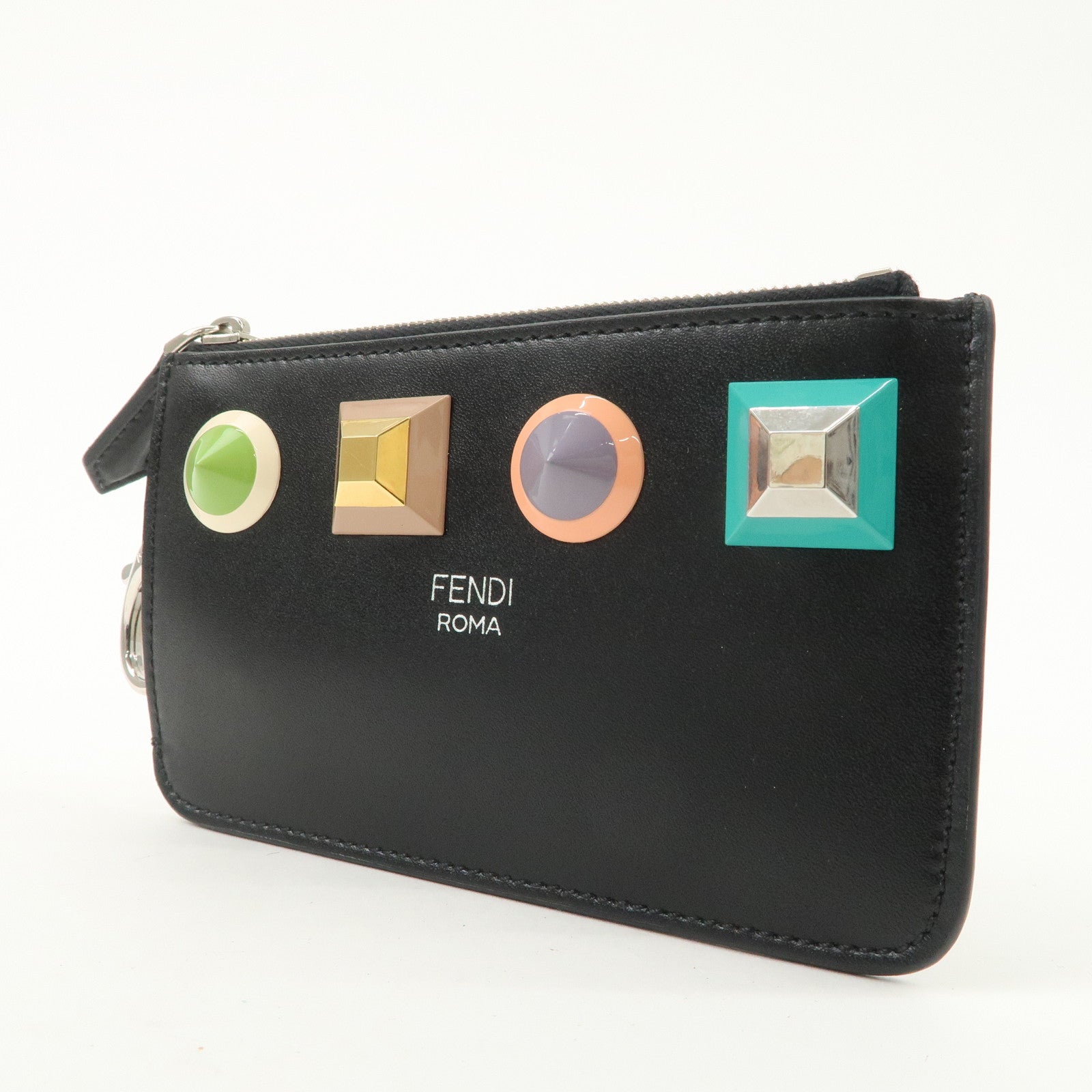 FENDI Logo Leather Studs Coin Purse Coin Case Black 8AP151 Used