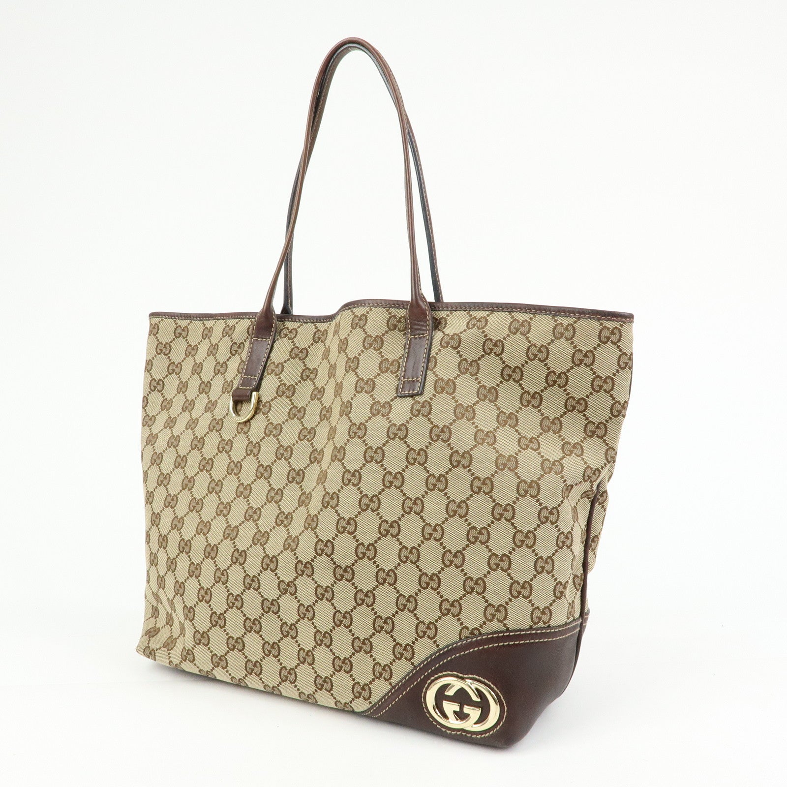 GUCCI Interlocking G Canvas Leather Tote Shoulder Bag Beige 169945
