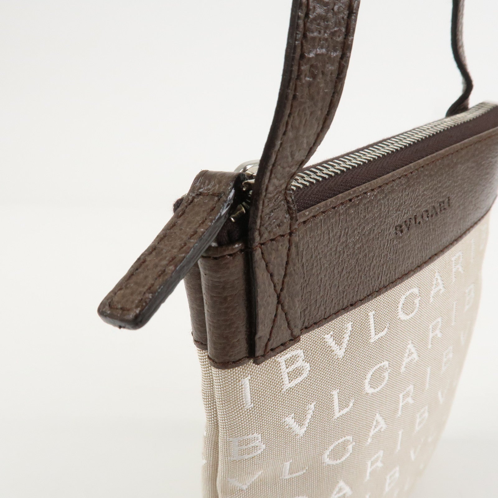 BVLGARI Logo Mania Leather Canvas Shoulder Bag Beige Brown