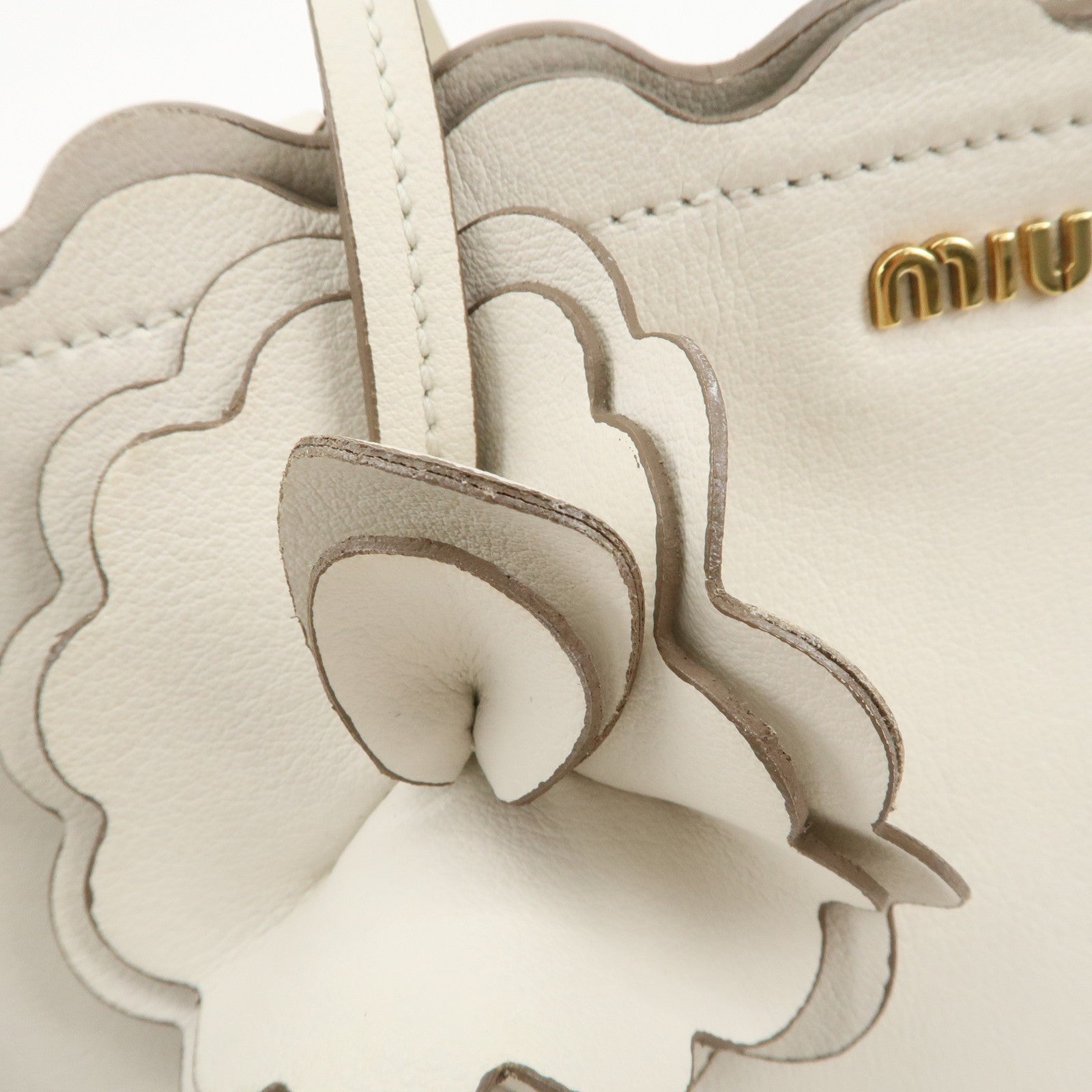 MIU MIU Leather Flower Tote Bag Hand Bag White 5BG054 Used