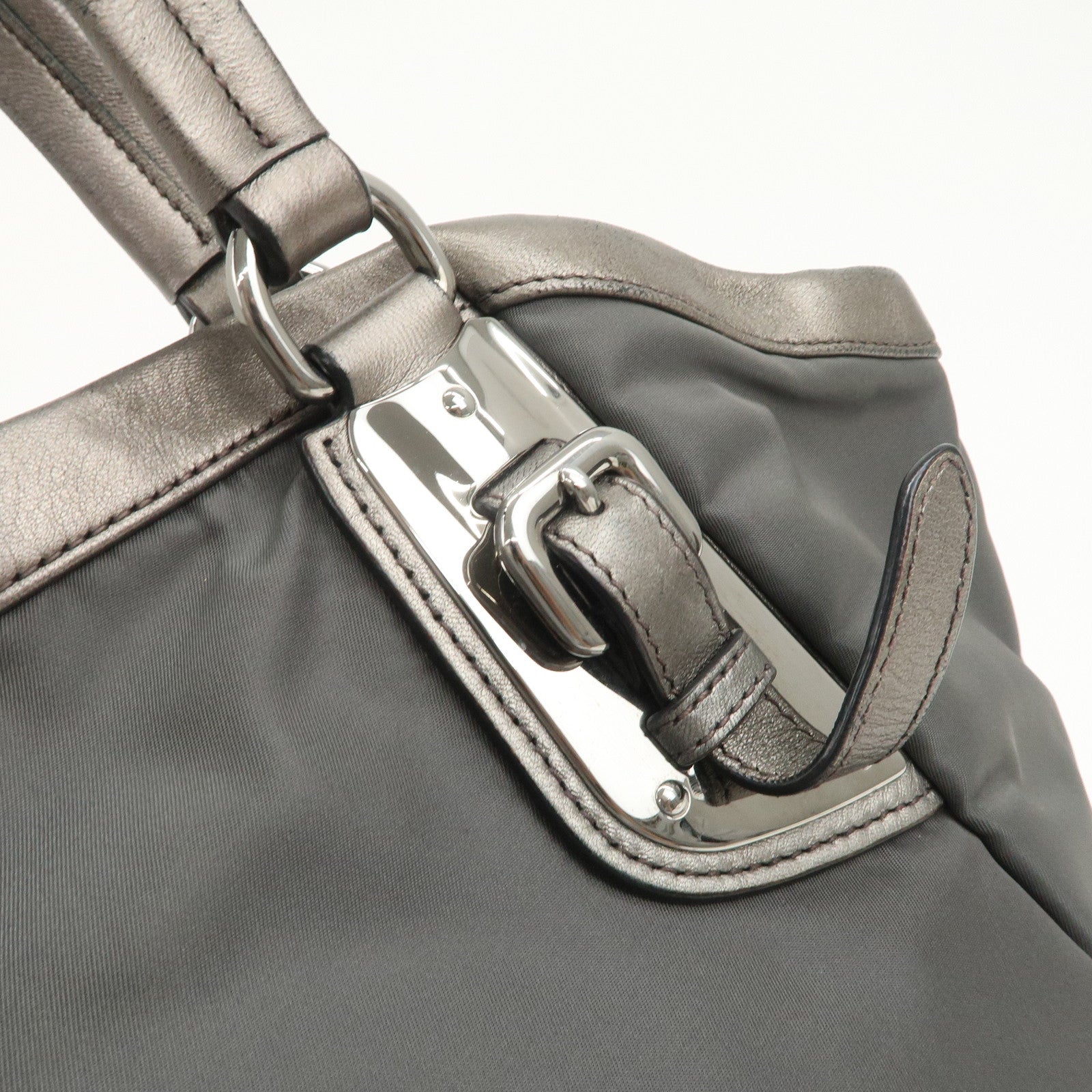 PRADA Logo Nylon Leather Tote Bag Shoulder Bag Gray BR4007