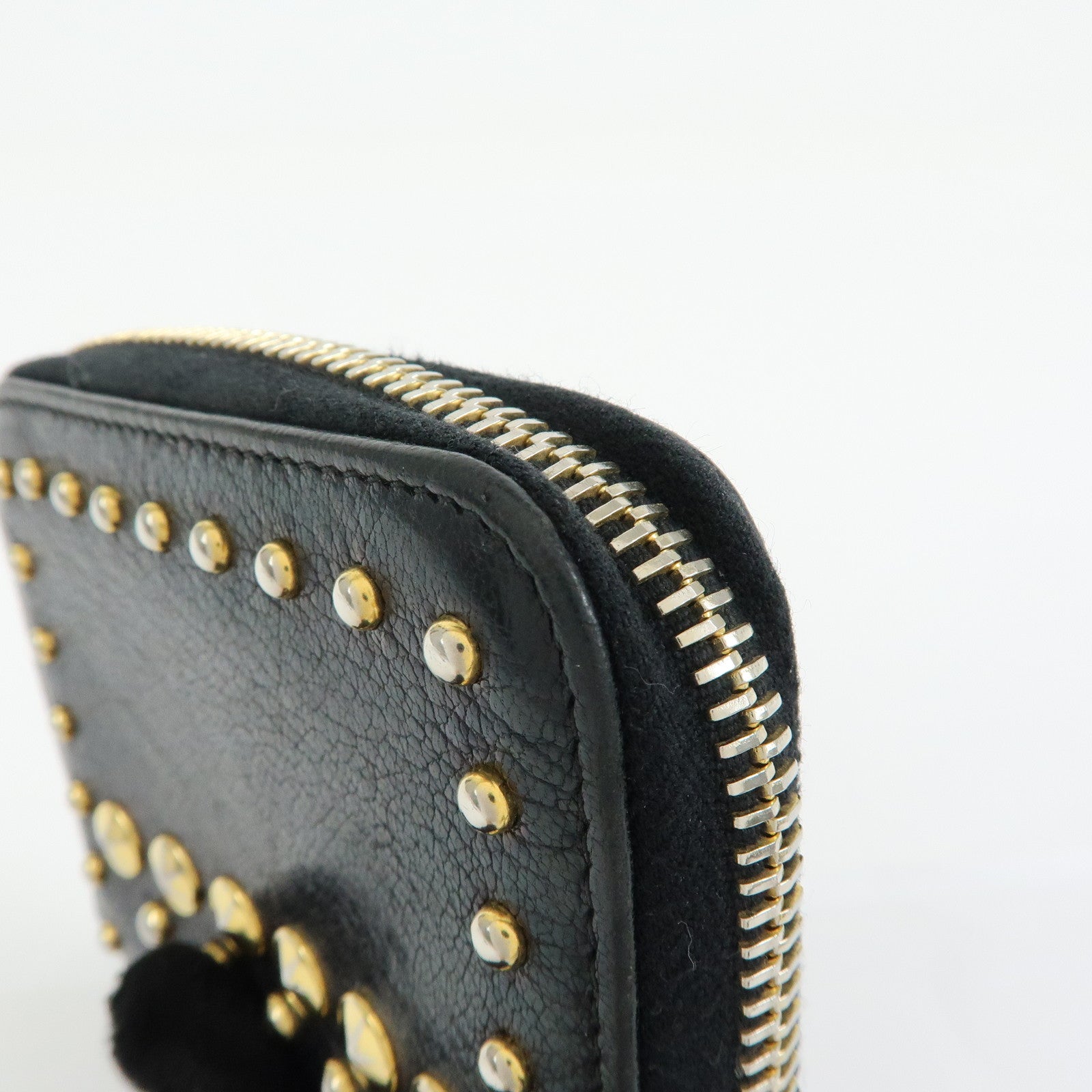 MIU MIU Madras Leather Studs Compact Coin Case Wallet Black