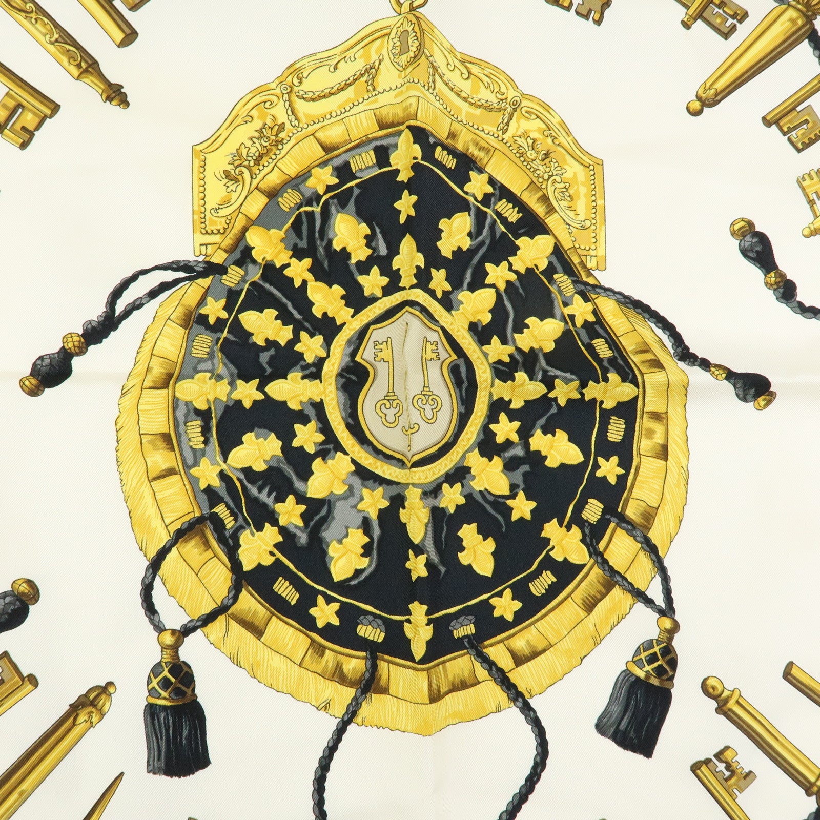 HERMES Carre 90 Silk 100% Scarf LES CLES THE KEYS RARE Black White