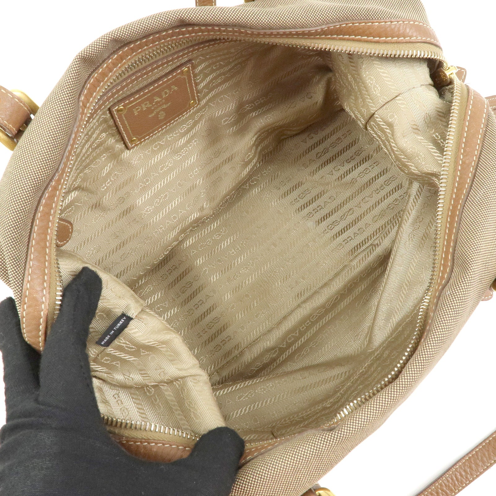 PRADA Logo Canvas Leather Boston Bag Hand Bag Beige Brown BL0600