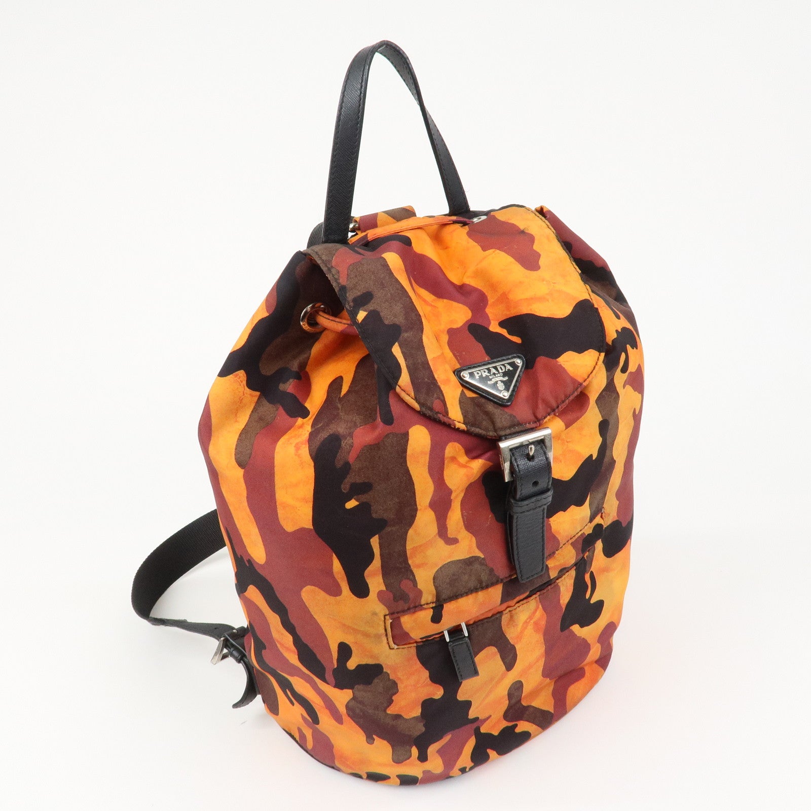 PRADA Triangle Logo Nylon Leather Backpack Camouflage OrangeBZ0032